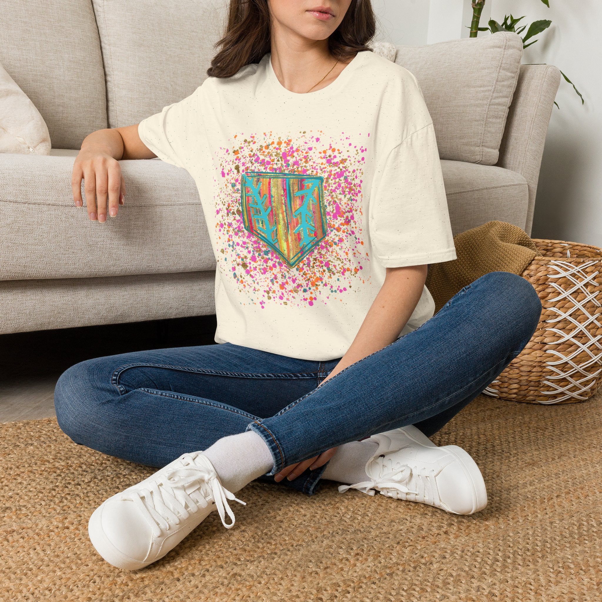 Colorful Floral Shield T-Shirt — Boho Painted Crest Graphic Tee