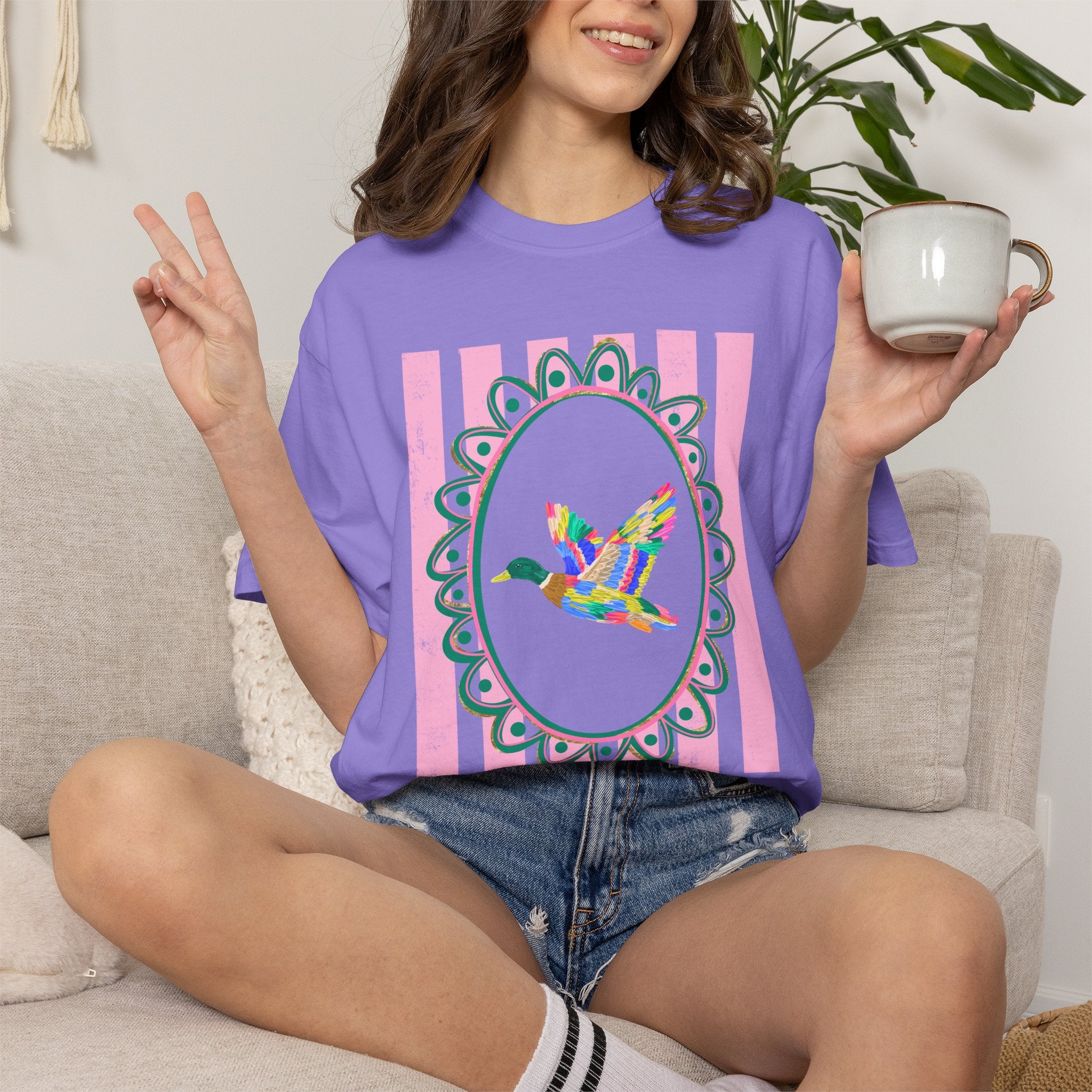 Duck Flying Floral Frame T-Shirt — Colorful Bird Graphic Tee