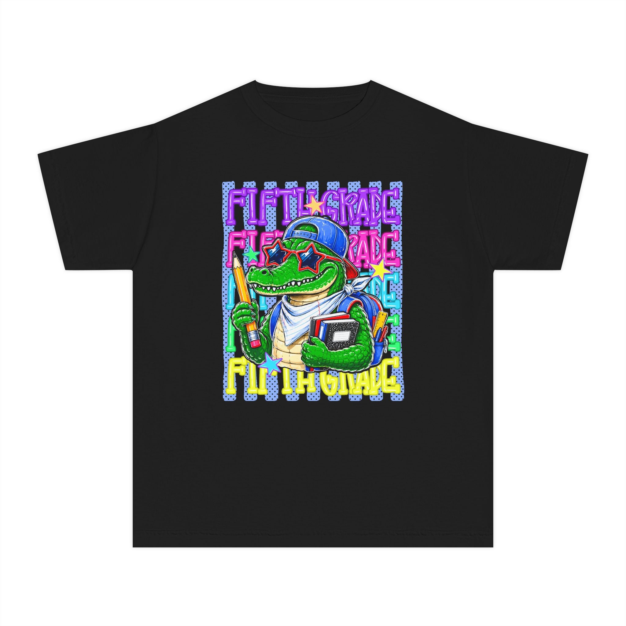Youth Tee — Colorful Back-to-School Alligator Graphic "Fifth Grade"