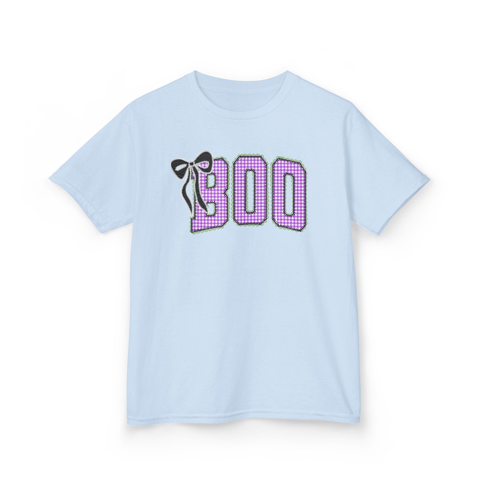 Kids Tee — 'BOO' Purple Gingham Halloween Shirt with Bat Accent