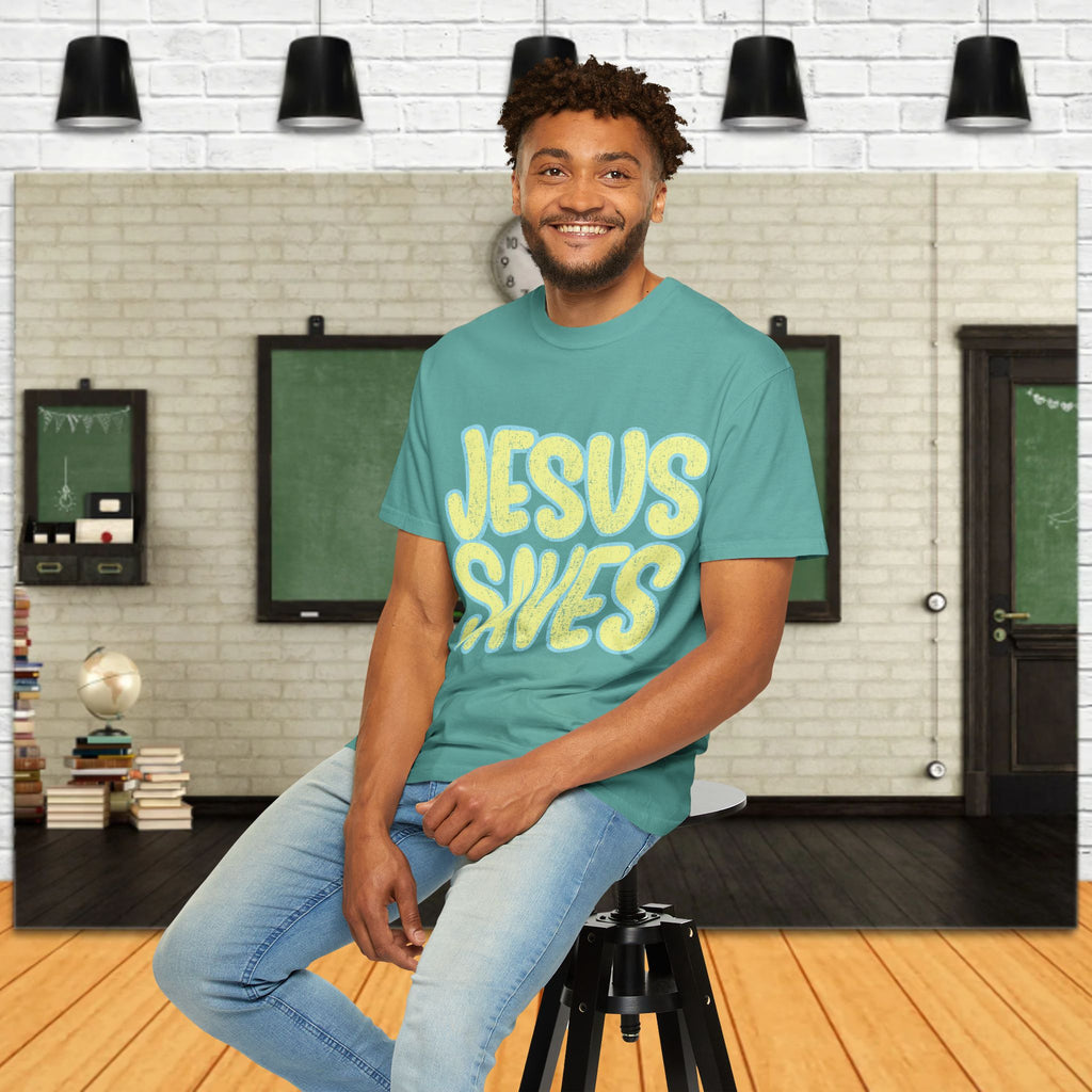Jesus Saves T‑Shirt — Retro Bubble Text Christian Faith Tee