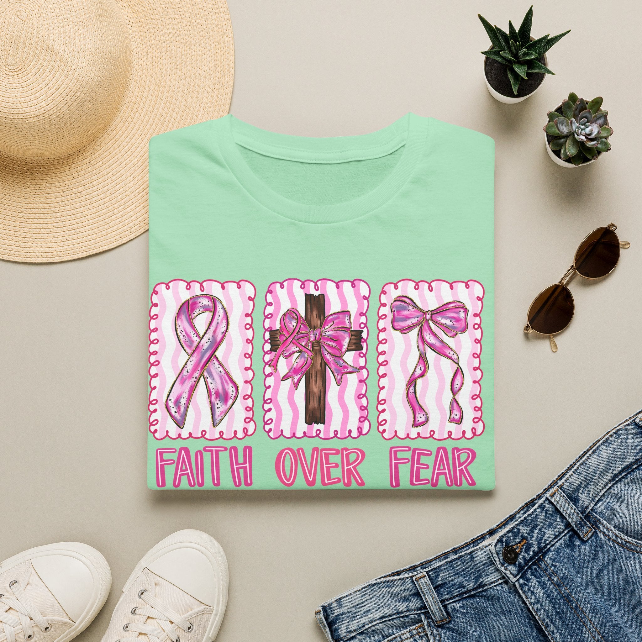 Breast Cancer Awareness T-Shirt - "Faith Over Fear" Pink Ribbon Tee