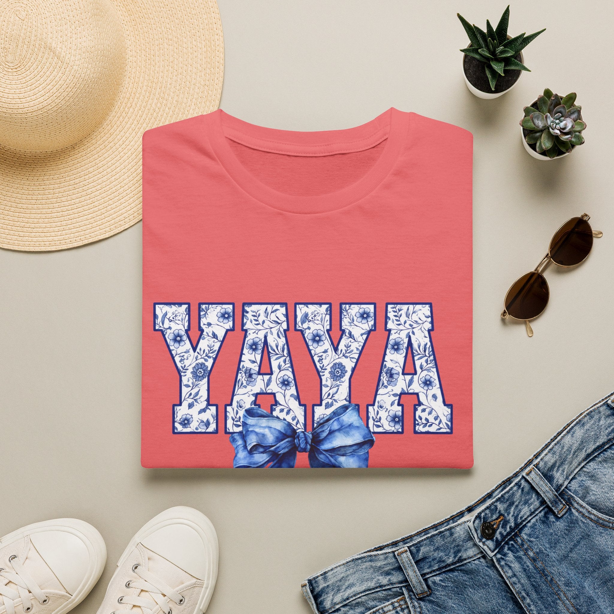 Yaya Floral Block Tee — 'YAYA' Blue Floral Design with Bow