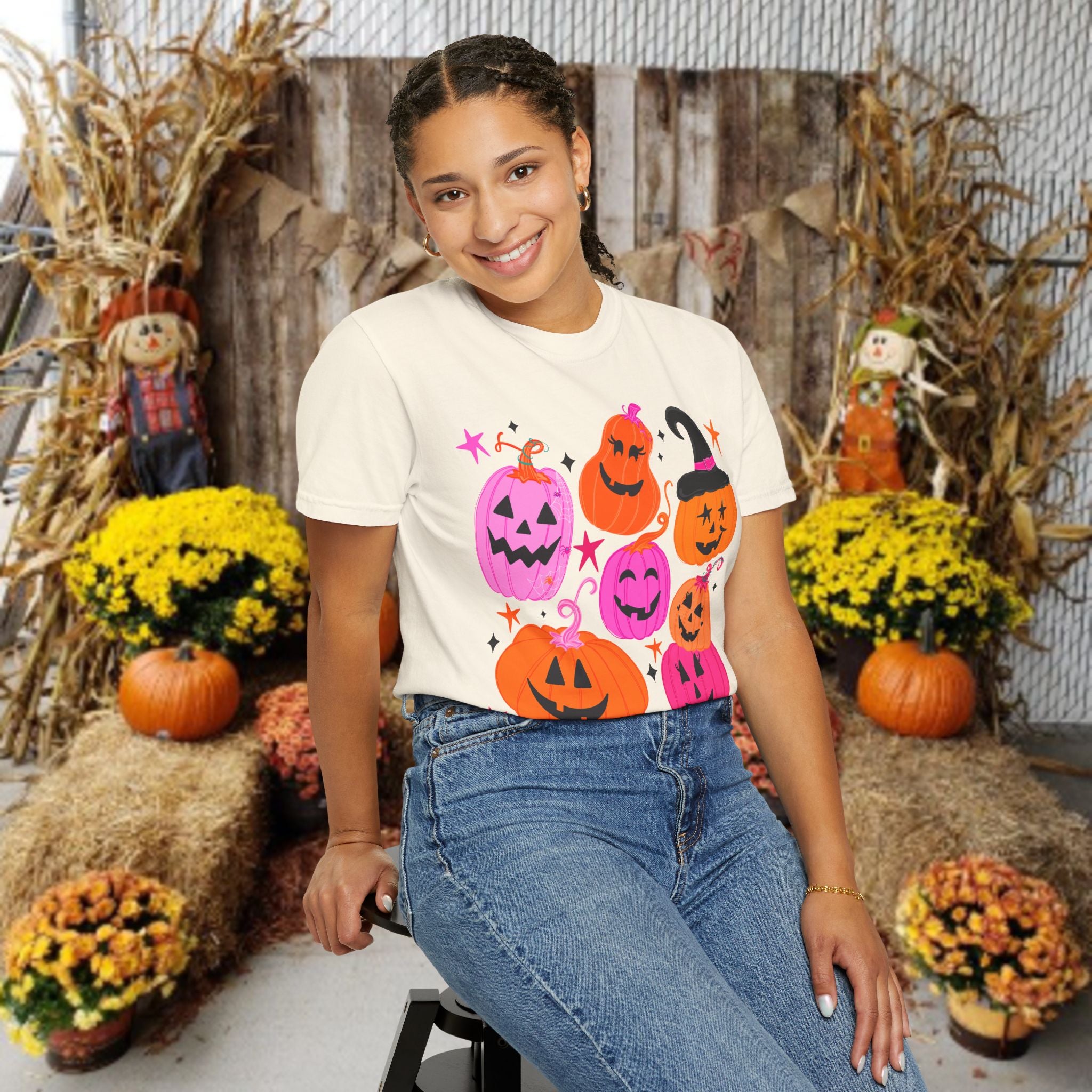 Halloween Pumpkins T-Shirt — Cute Pink & Orange Jack-O'-Lanterns