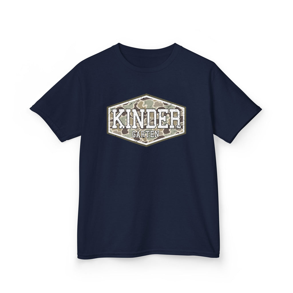 Kinder Camo Kids Tee — 'Kinder' Hex Badge Graphic T-Shirt for Children