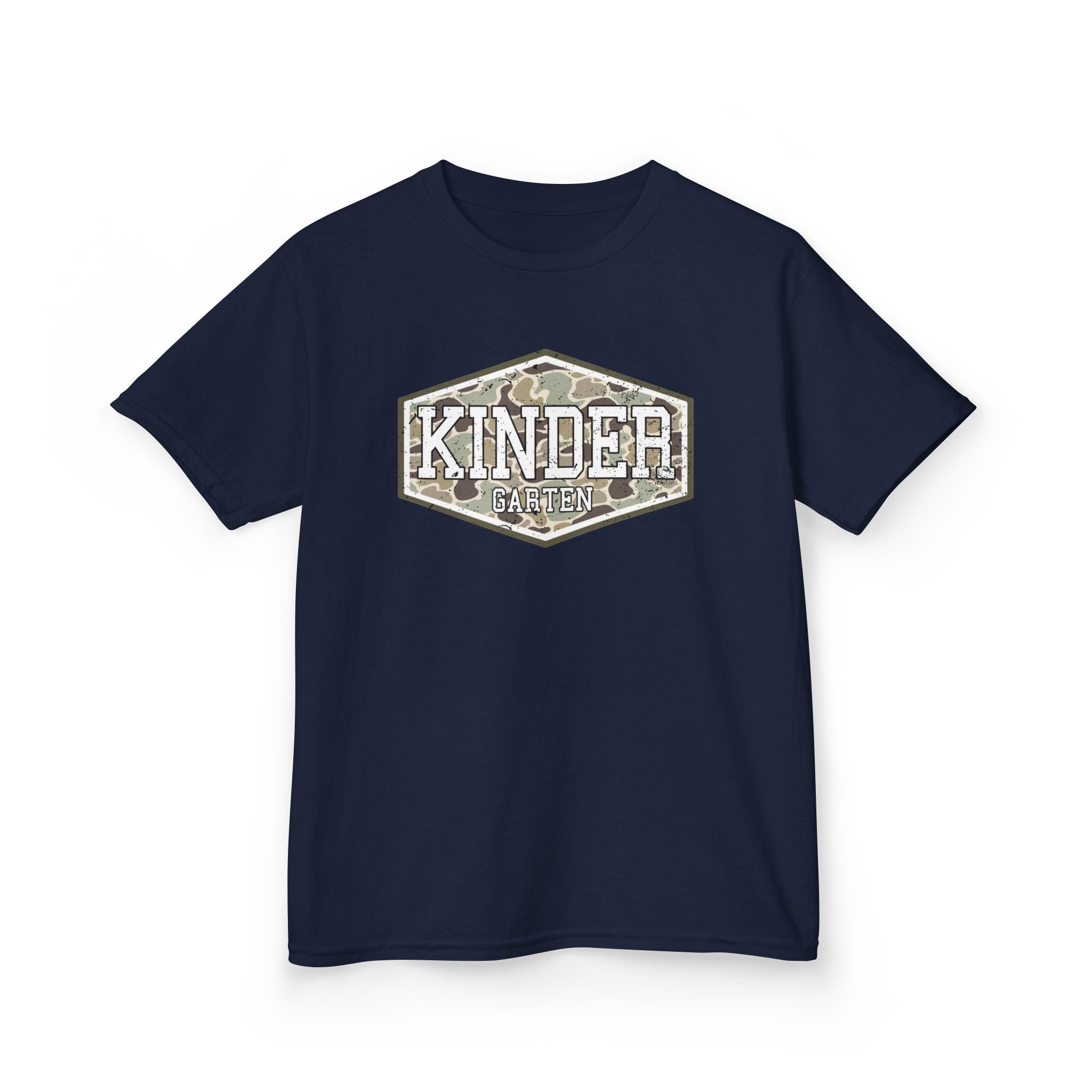 Kinder Camo Kids Tee — 'Kinder' Hex Badge Graphic T-Shirt for Children