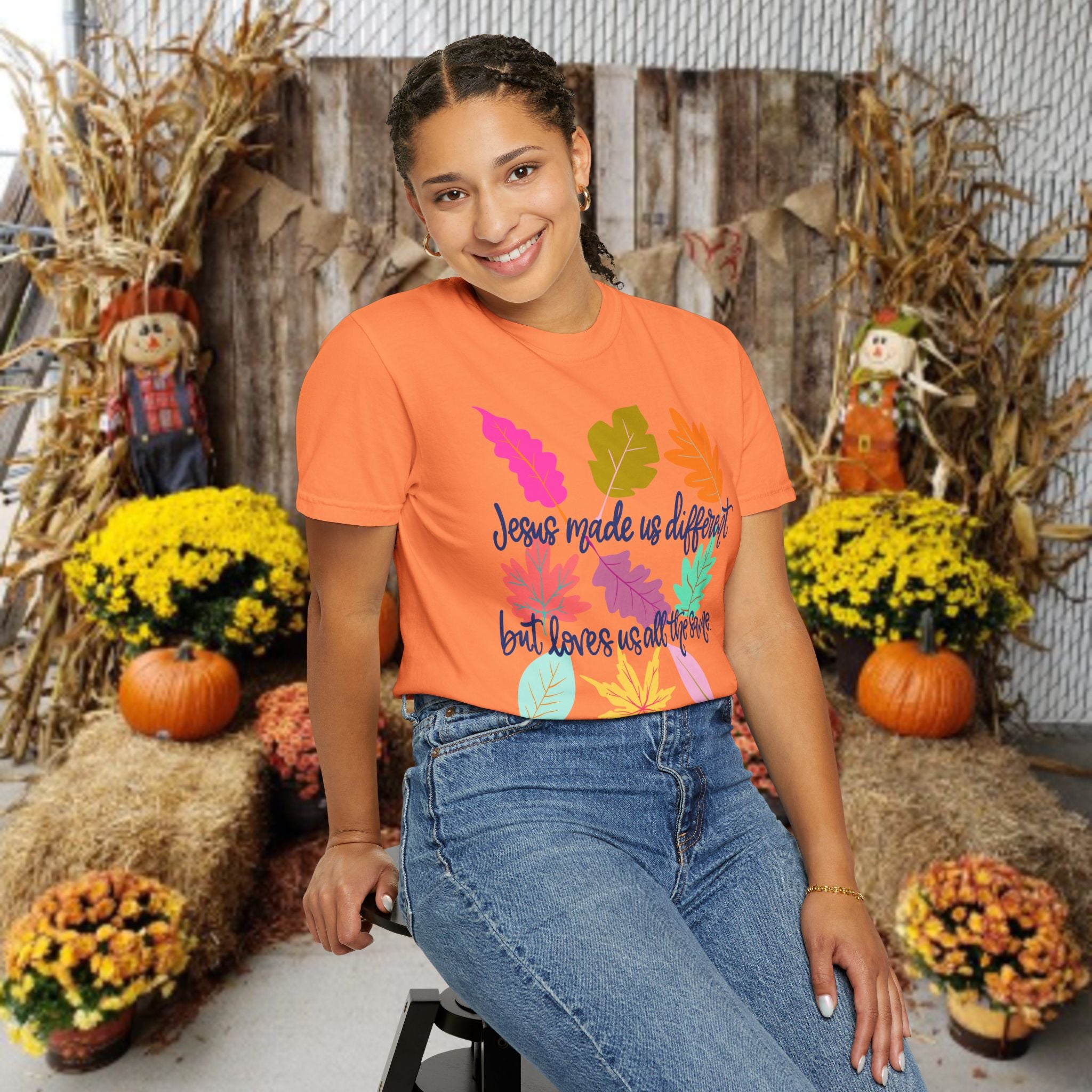 Christian Fall T-Shirt — "Jesus Made Us Different But Loves Us All The Same" (Colorful Leaves)