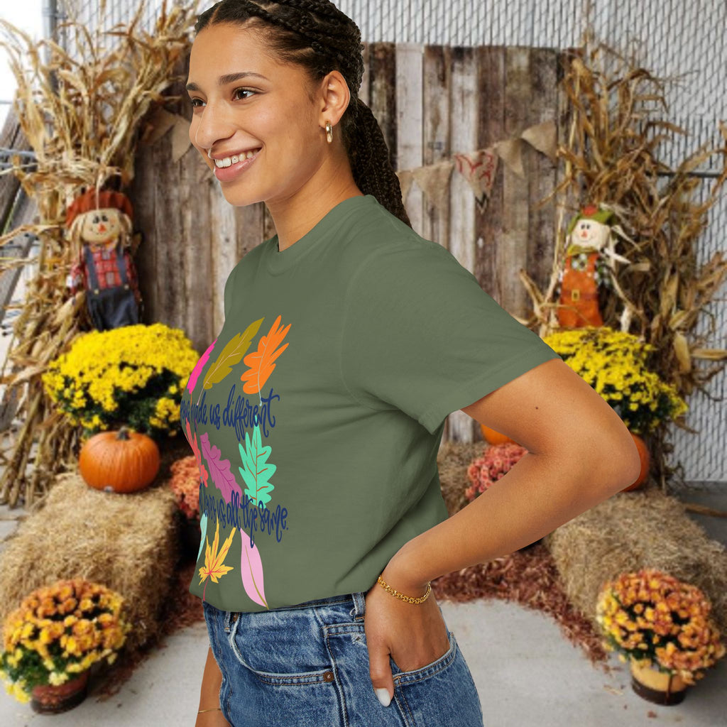 Christian Fall T-Shirt — "Jesus Made Us Different But Loves Us All The Same" (Colorful Leaves)
