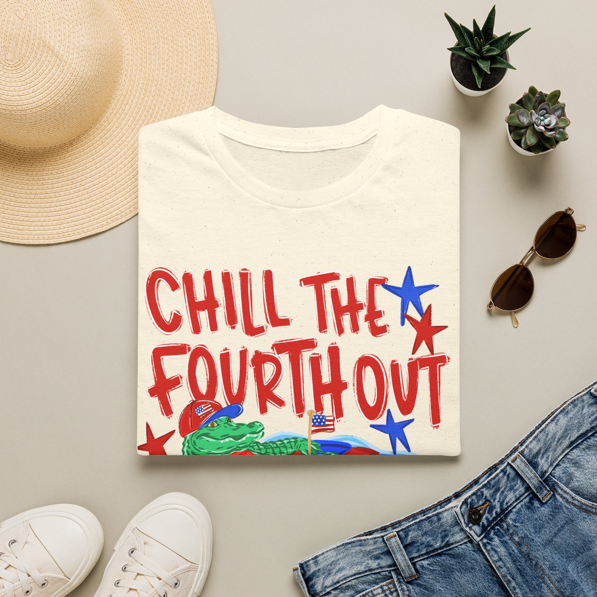 Chill the Fourth Out With Hat T-Shirt — Patriotic Alligator 4th of July Tee