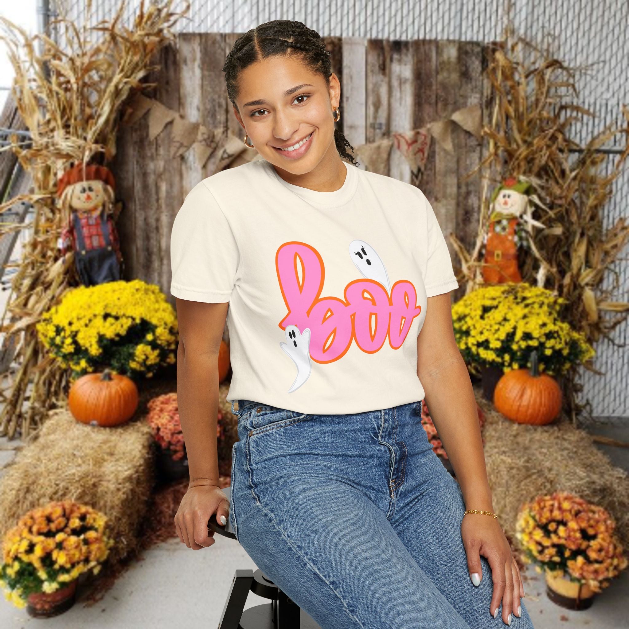 Boo Ghost Graphic T-Shirt — Pink Script Halloween Tee