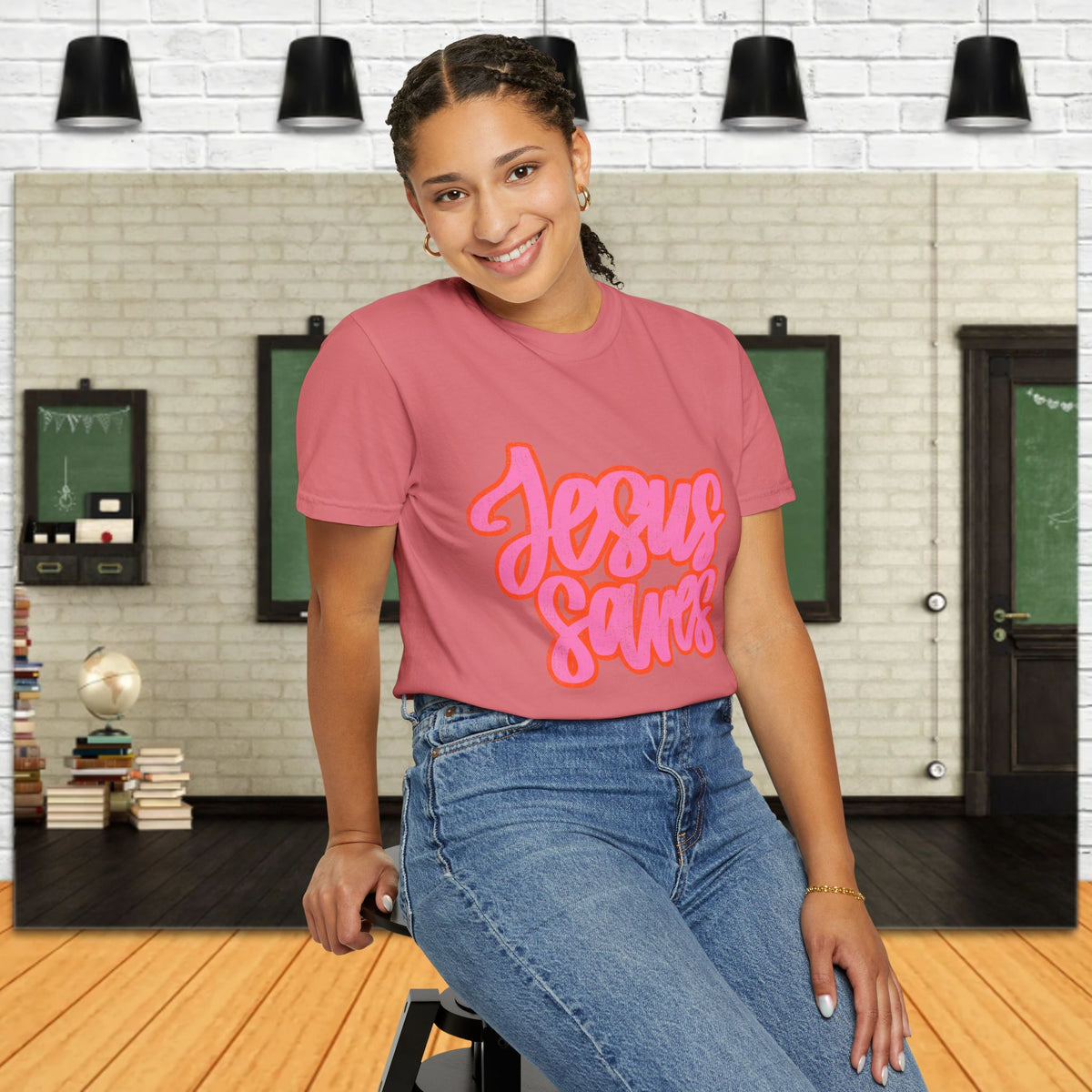 Jesus Saves Distressed T-Shirt — Retro Pink Script Christian Tee