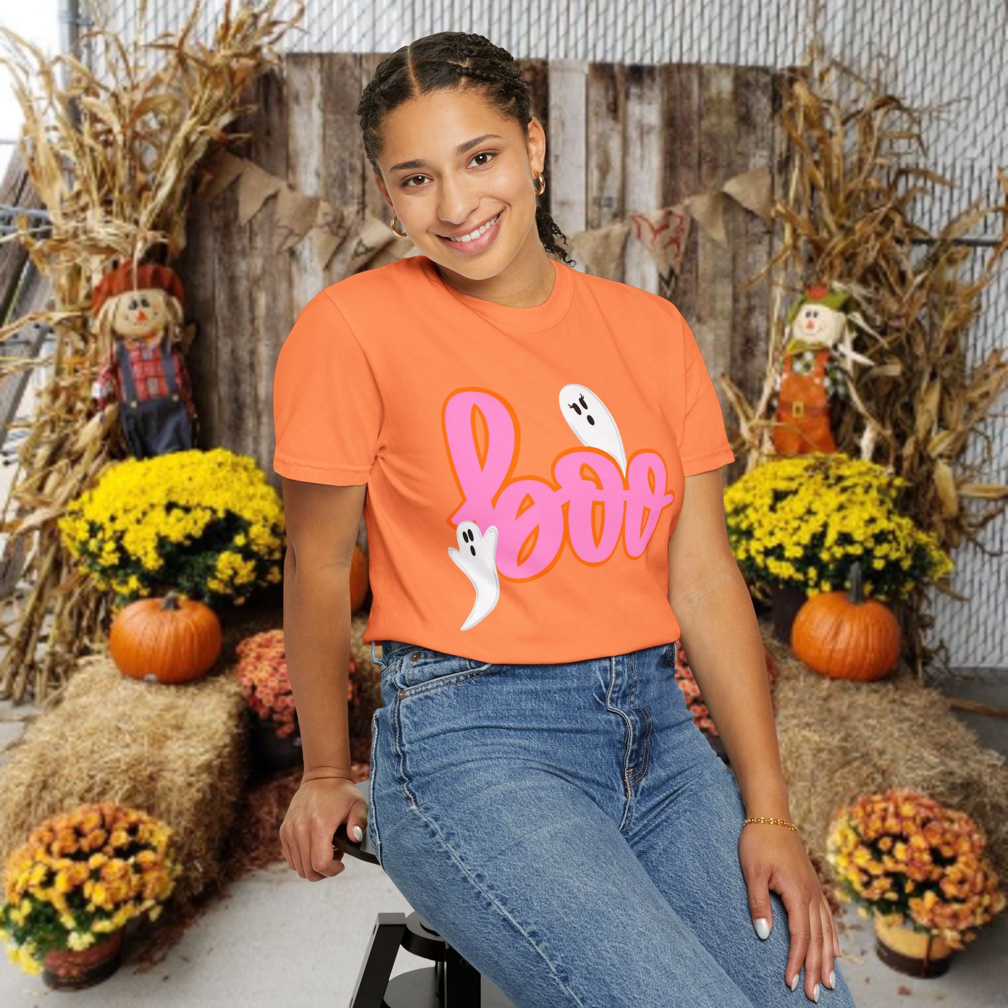 Boo Ghost Graphic T-Shirt — Pink Script Halloween Tee