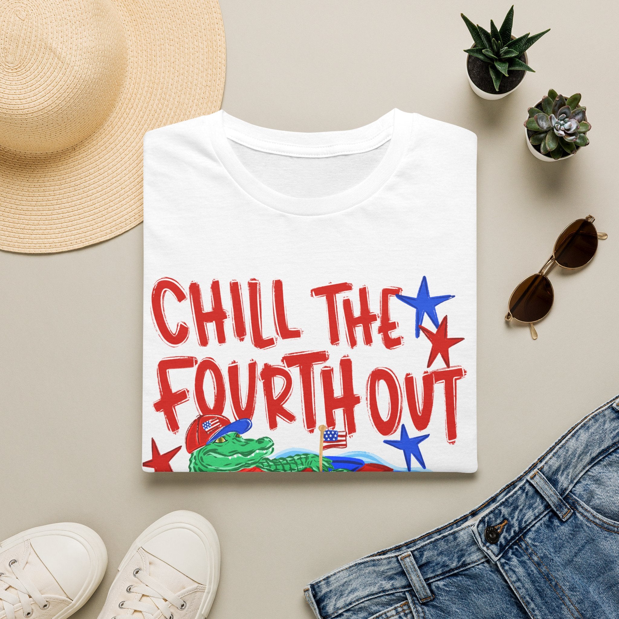 Chill the Fourth Out With Hat T-Shirt — Patriotic Alligator 4th of July Tee