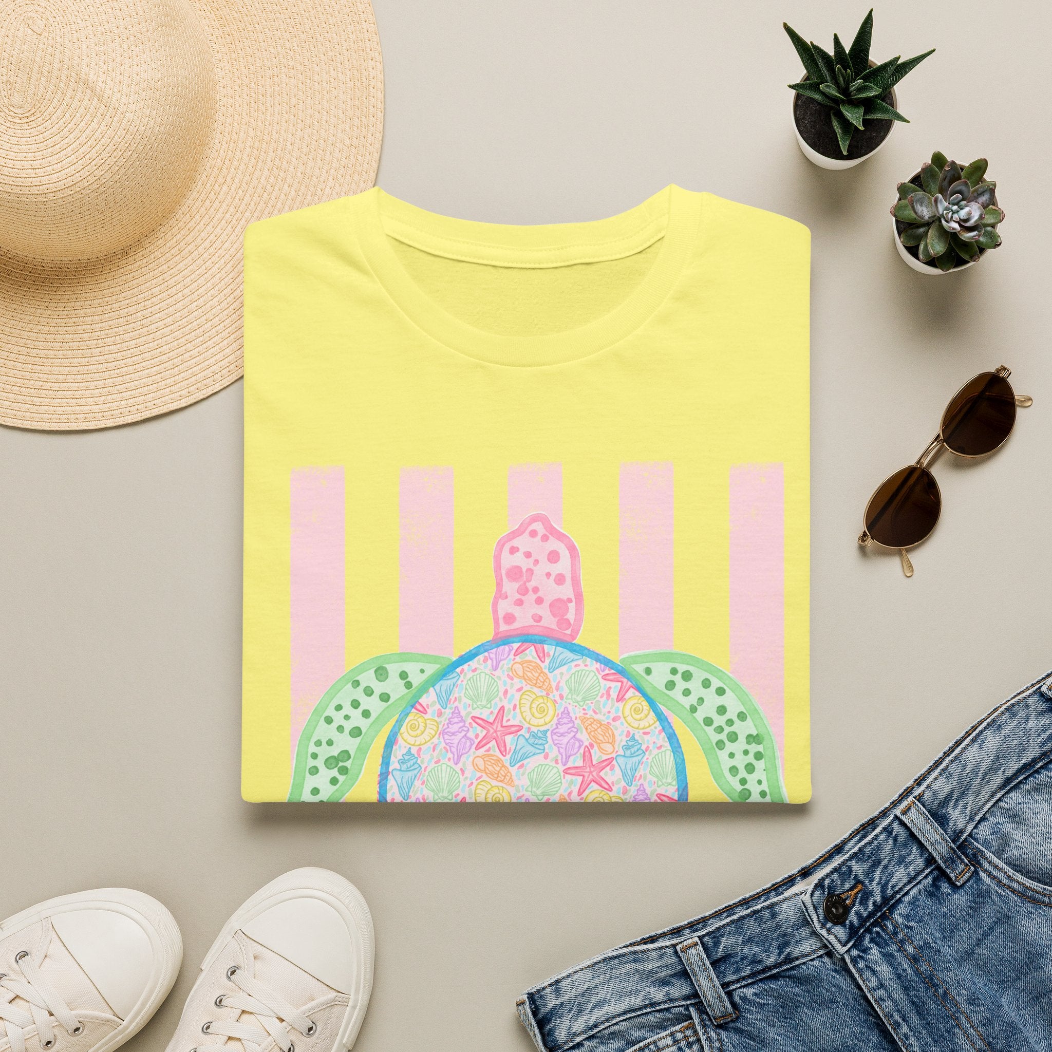 Sea Turtle Beach T-Shirt — Pastel Floral Turtle on Pink Stripes