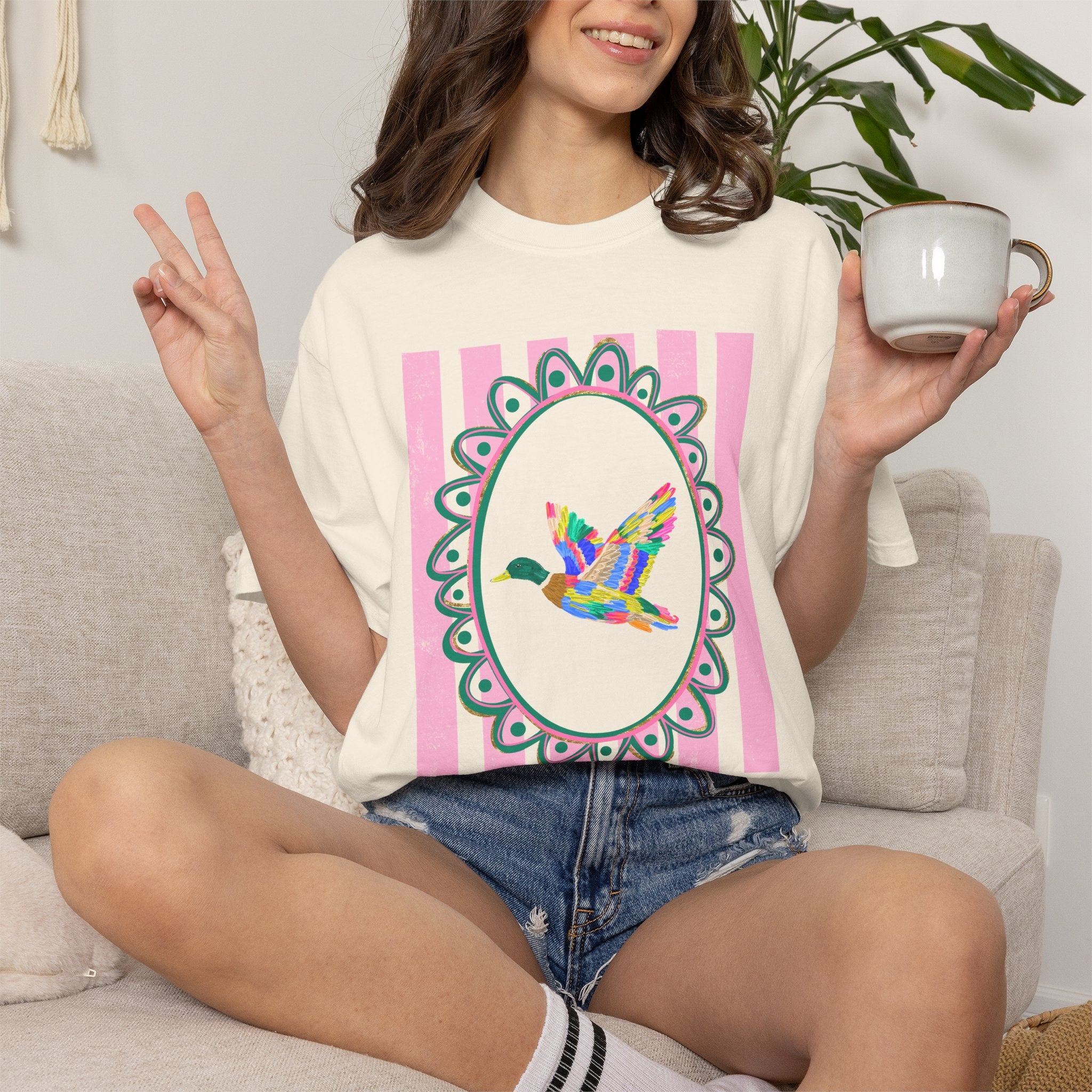 Duck Flying Floral Frame T-Shirt — Colorful Bird Graphic Tee
