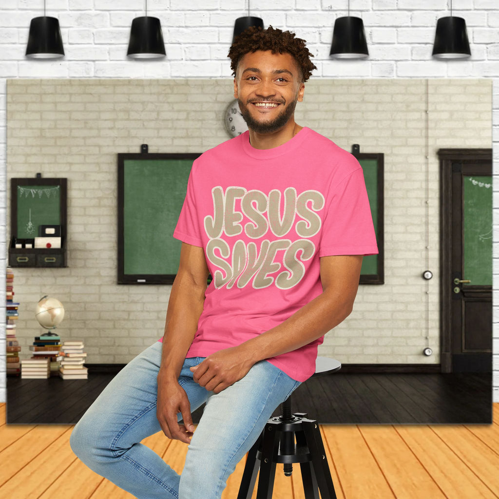 Jesus Saves T-Shirt — Retro Gold Script Christian Tee