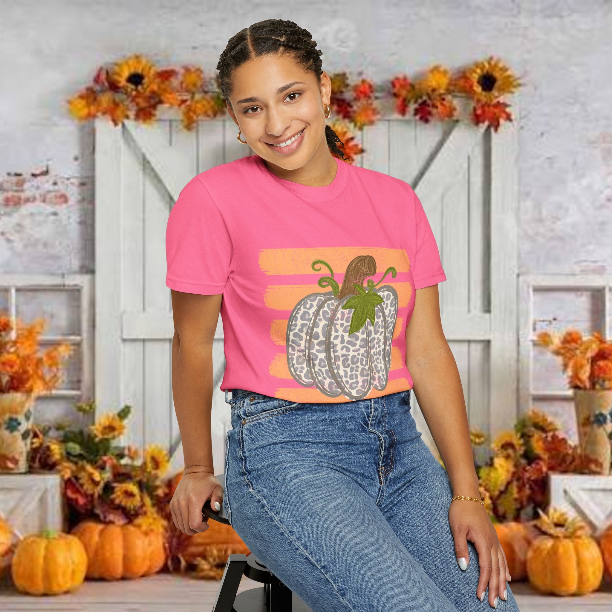 Pumpkin Stripes T-Shirt — Leopard Print Pumpkin Fall Tee