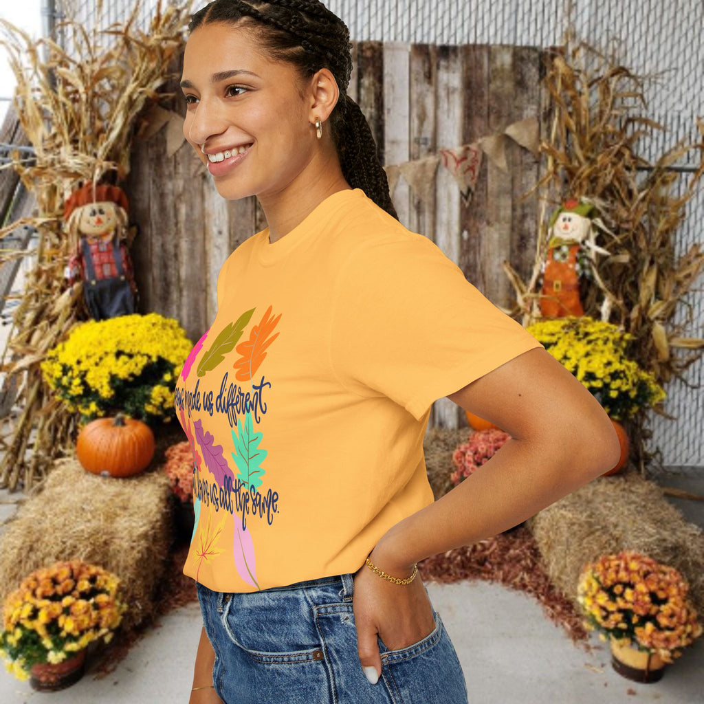 Christian Fall T-Shirt — "Jesus Made Us Different But Loves Us All The Same" (Colorful Leaves)