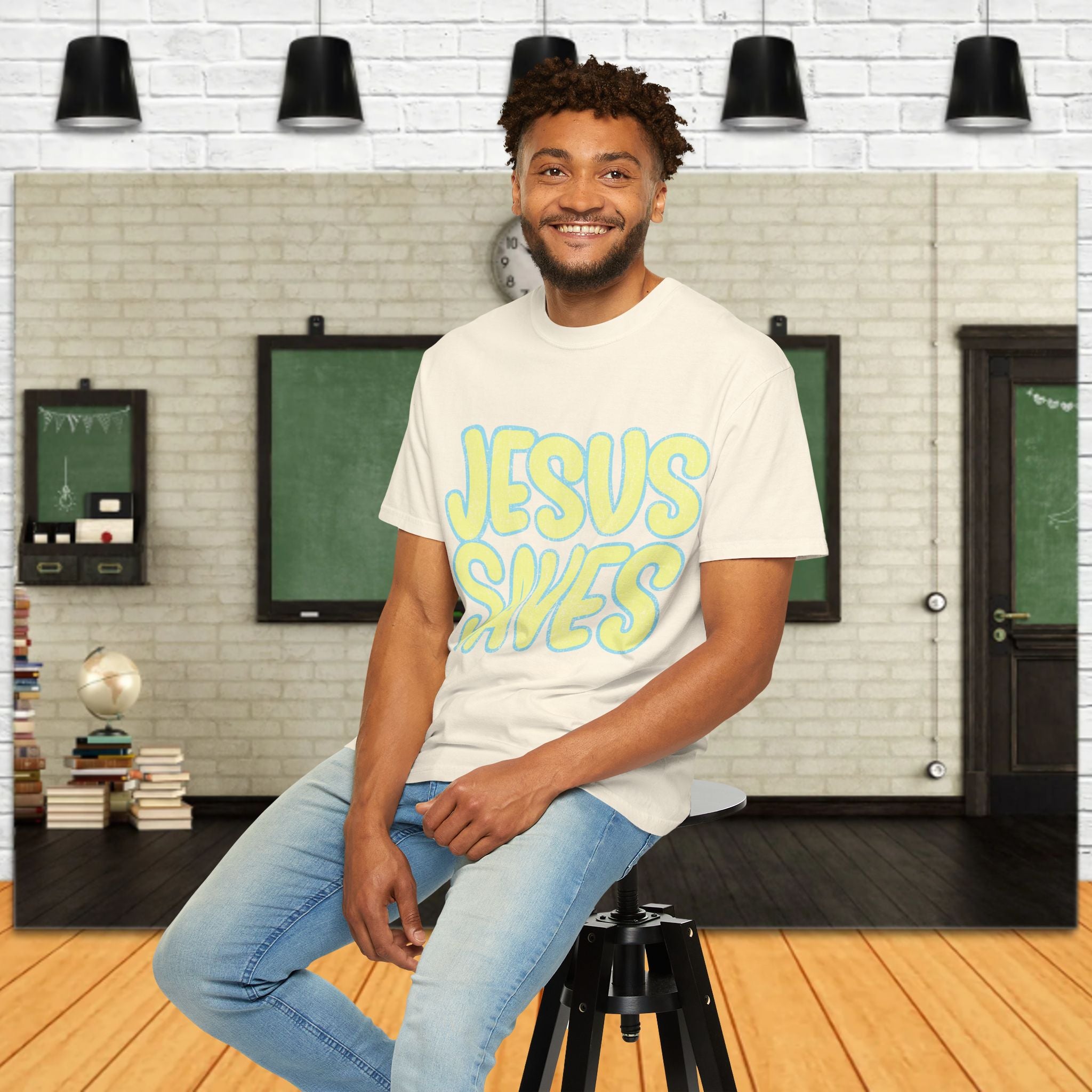 Jesus Saves T‑Shirt — Retro Bubble Text Christian Faith Tee