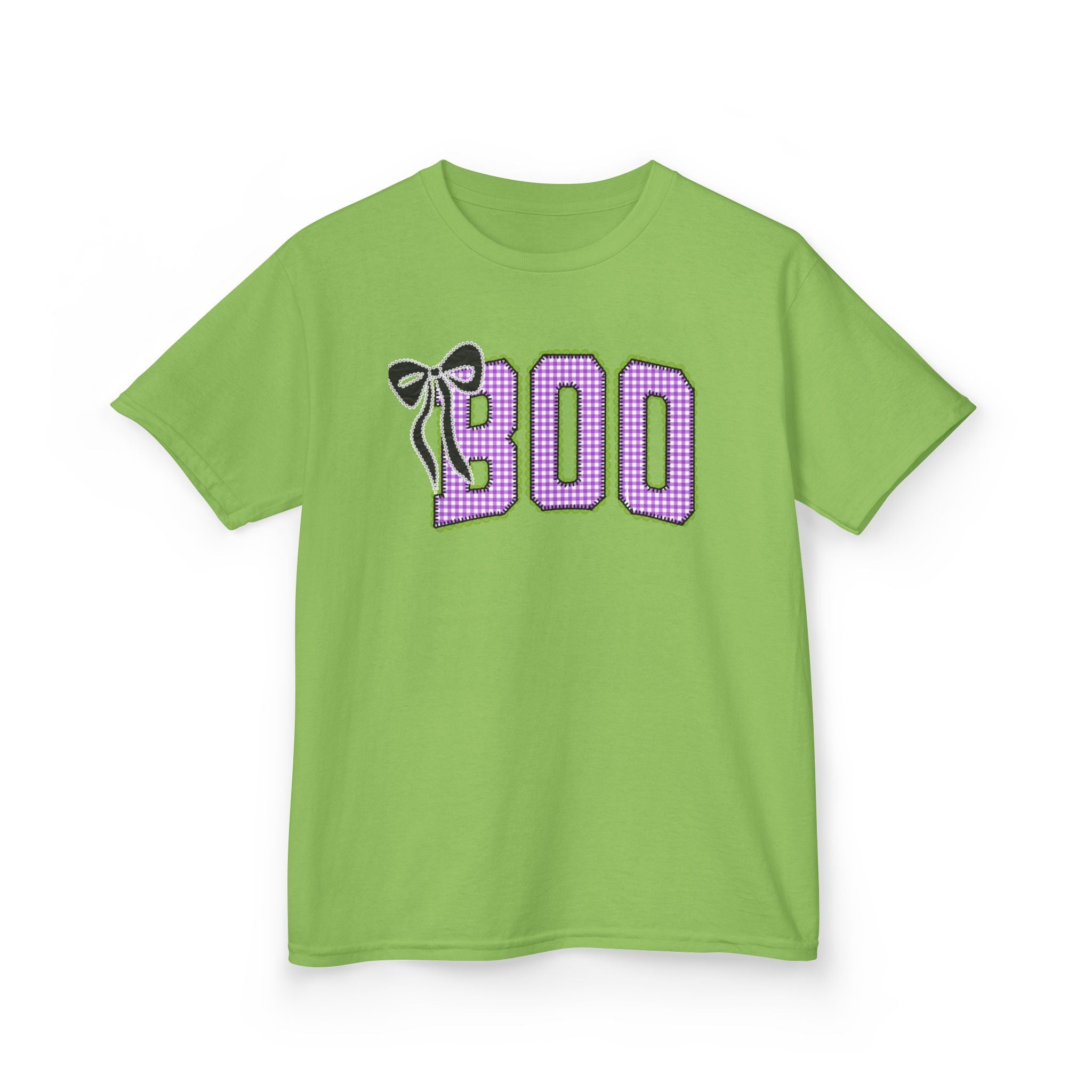 Kids Tee — 'BOO' Purple Gingham Halloween Shirt with Bat Accent