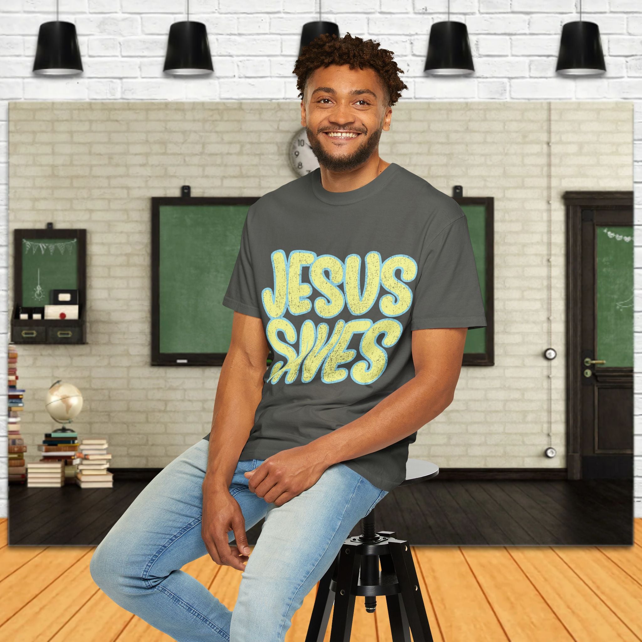 Jesus Saves T‑Shirt — Retro Bubble Text Christian Faith Tee