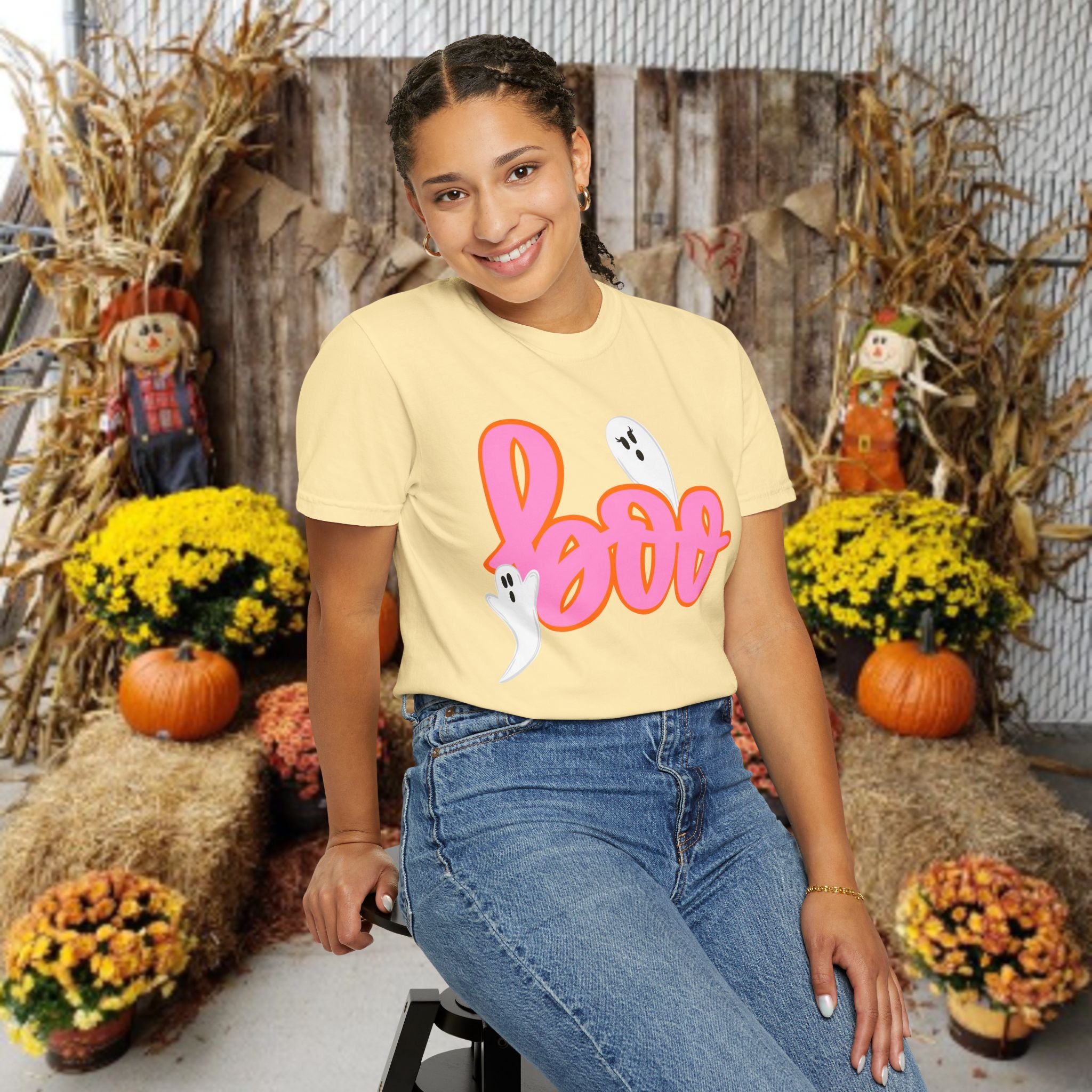 Boo Ghost Graphic T-Shirt — Pink Script Halloween Tee