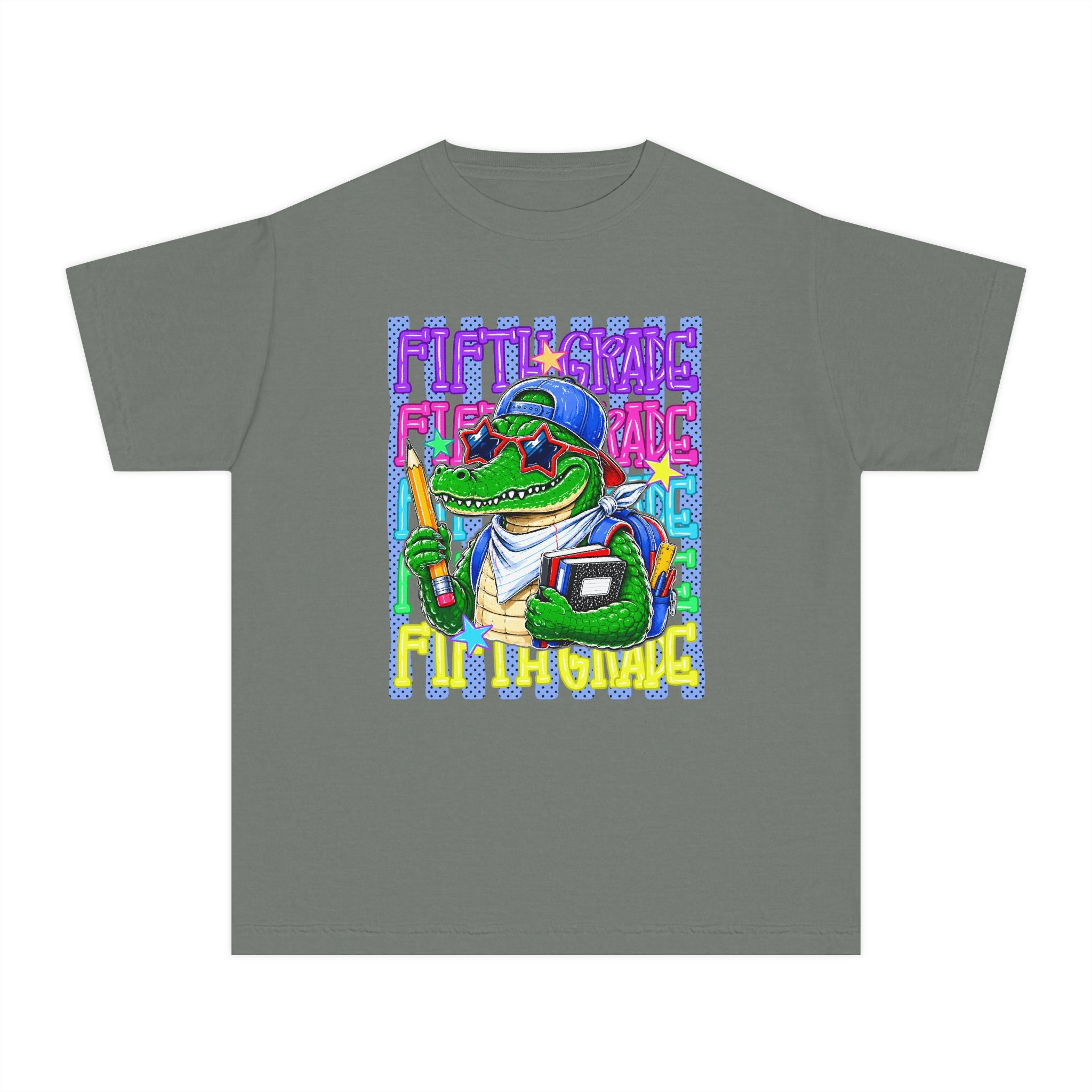 Youth Tee — Colorful Back-to-School Alligator Graphic "Fifth Grade"