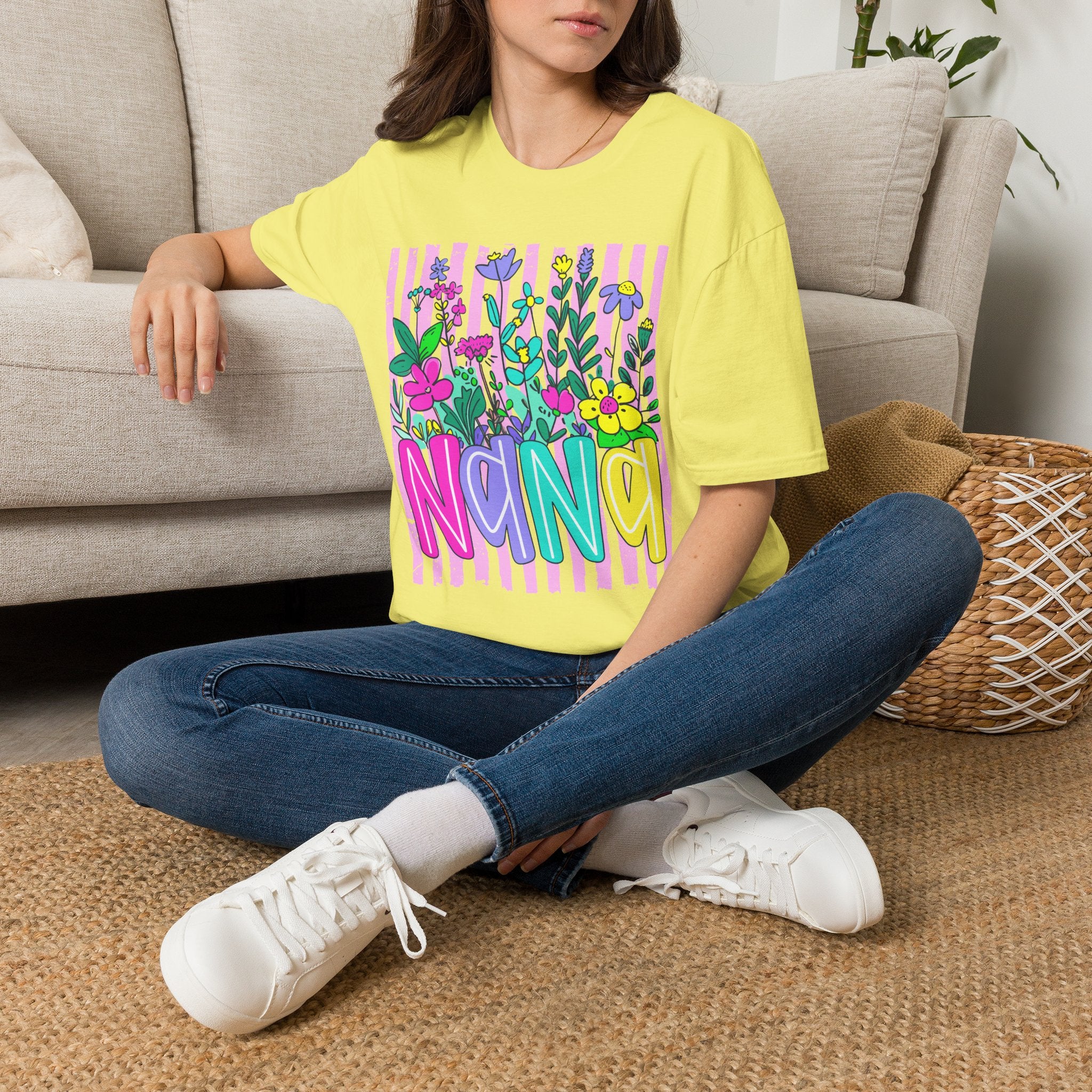 Floral Stripe "NANA" T-Shirt — Bright Garden Grandma Gift