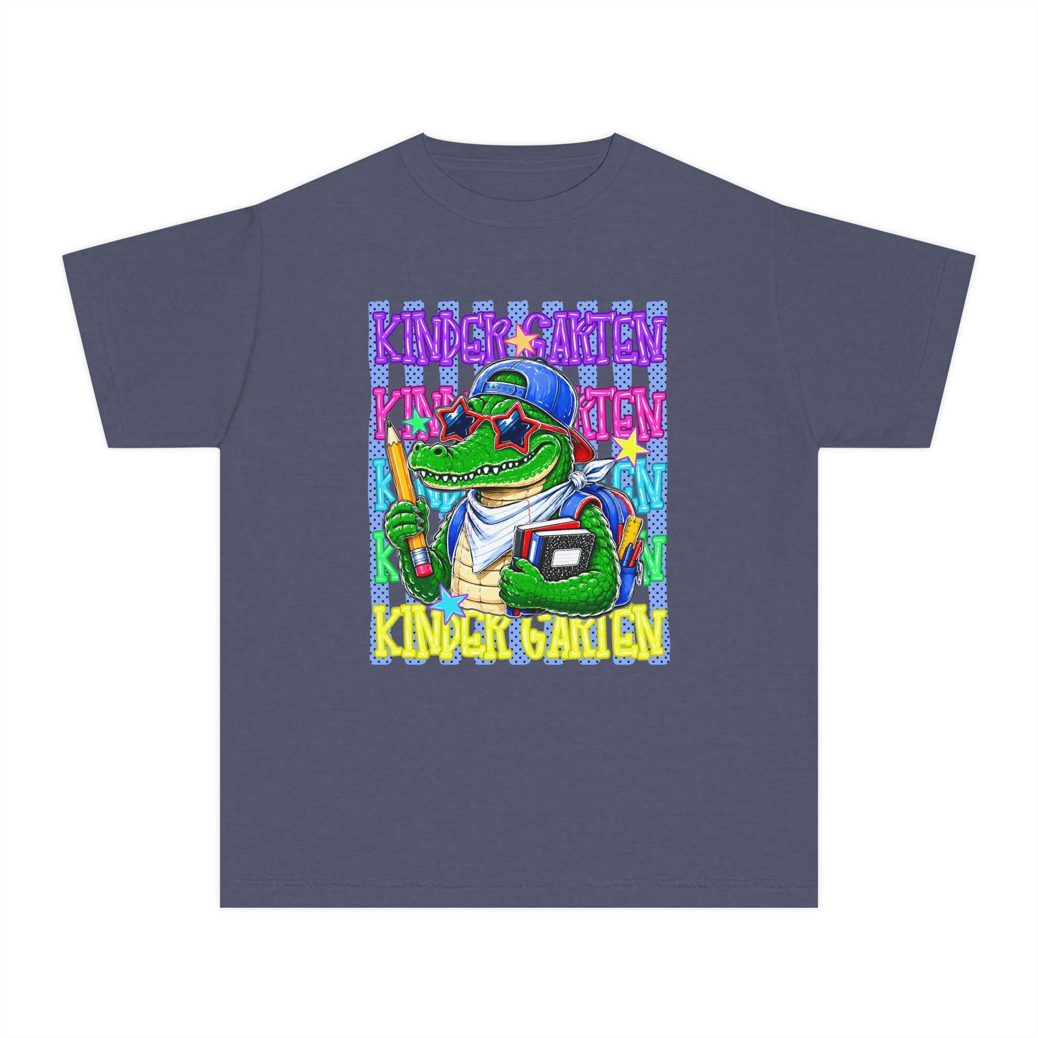 Kids Gator Teacher Tee — "Kindergarten" Colorful Alligator School Shirt