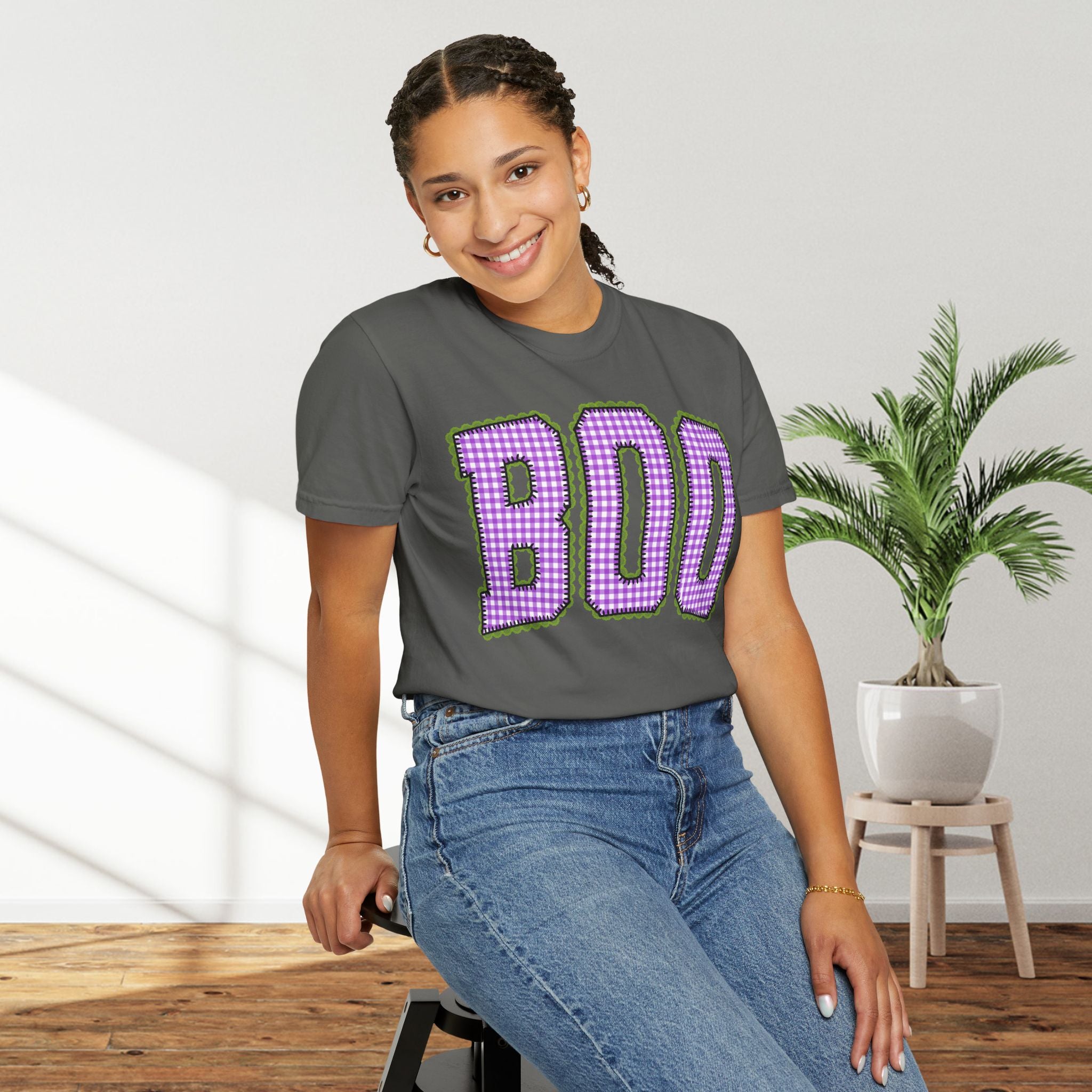 BOO Graphic T-Shirt — Purple Plaid Halloween Tee