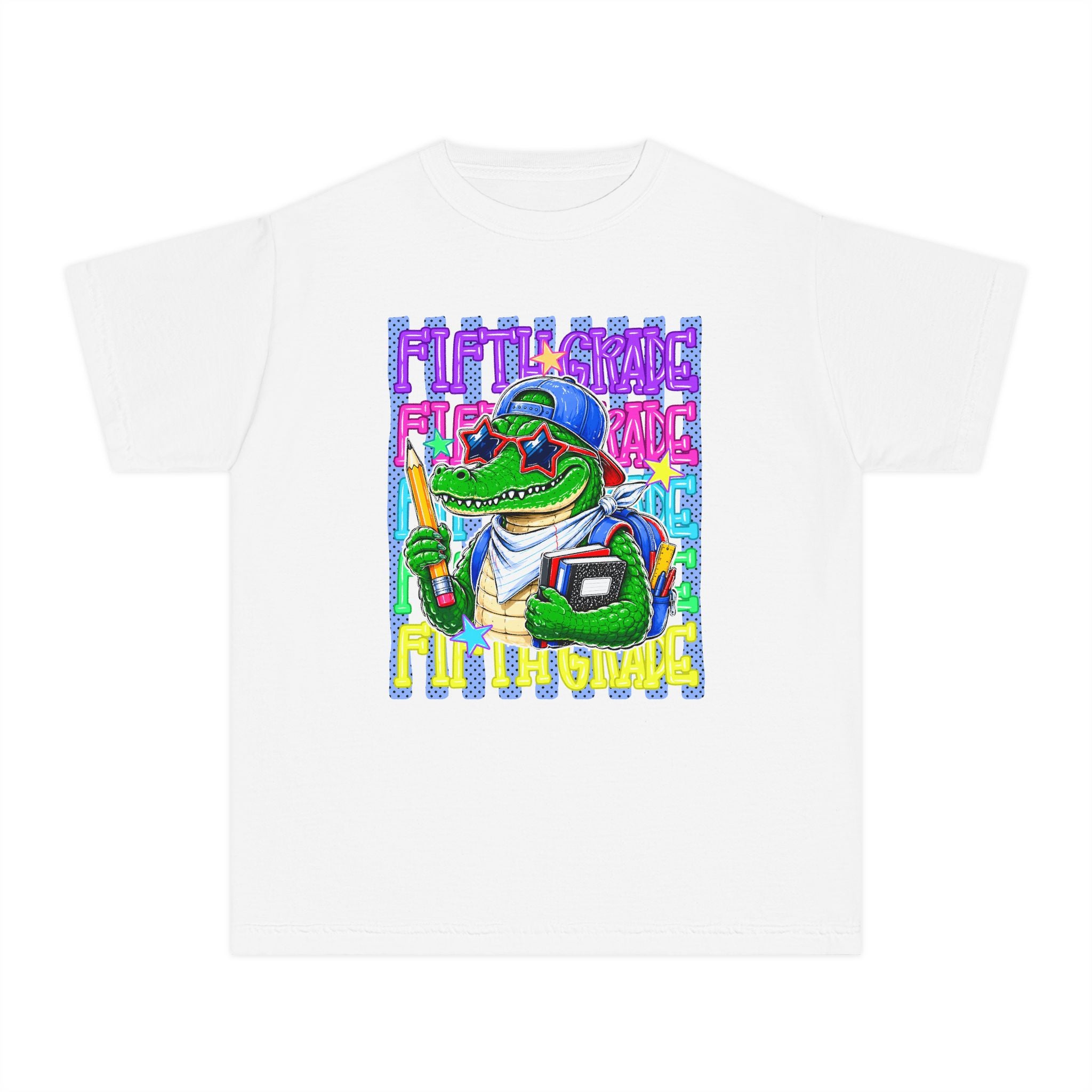Youth Tee — Colorful Back-to-School Alligator Graphic "Fifth Grade"