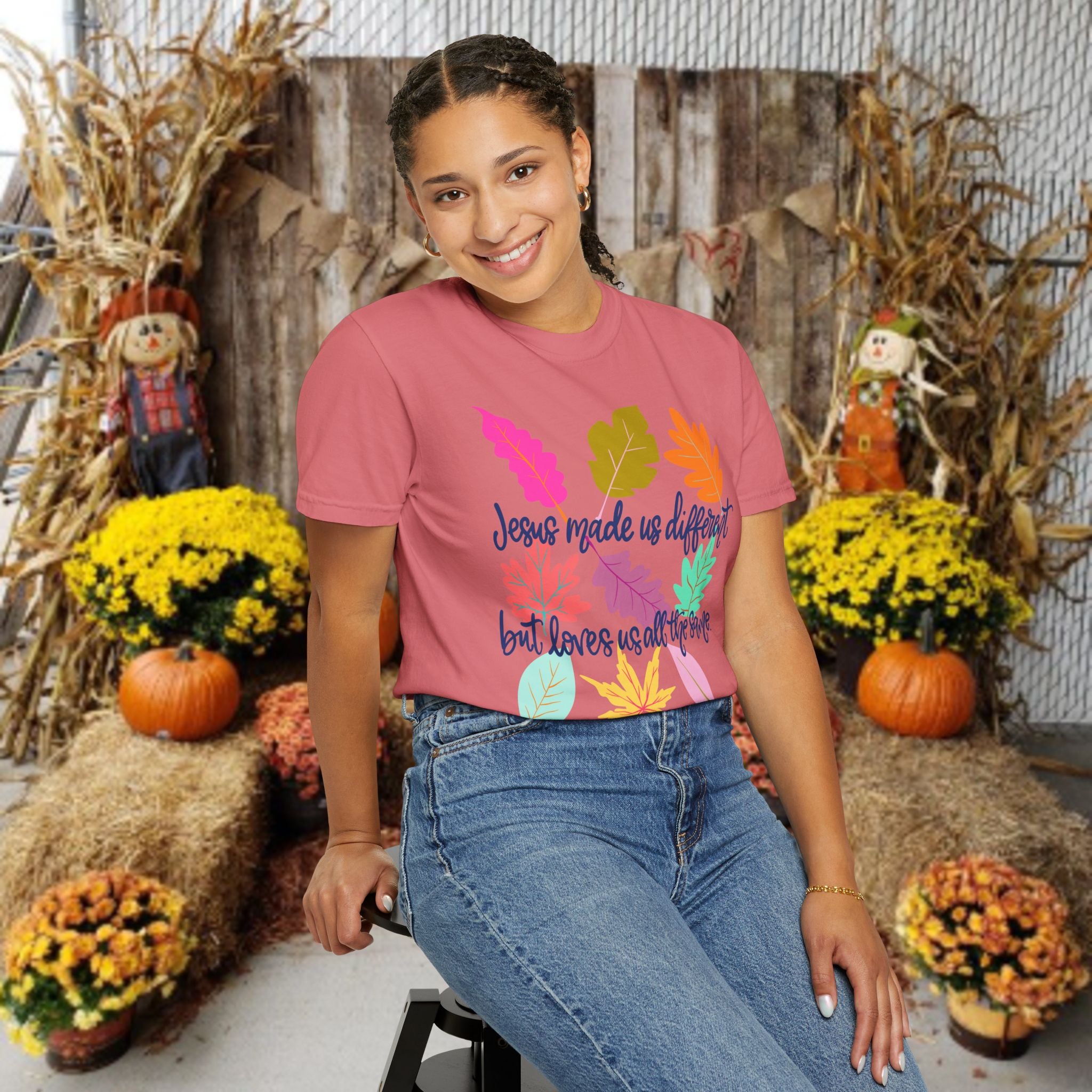 Christian Fall T-Shirt — "Jesus Made Us Different But Loves Us All The Same" (Colorful Leaves)