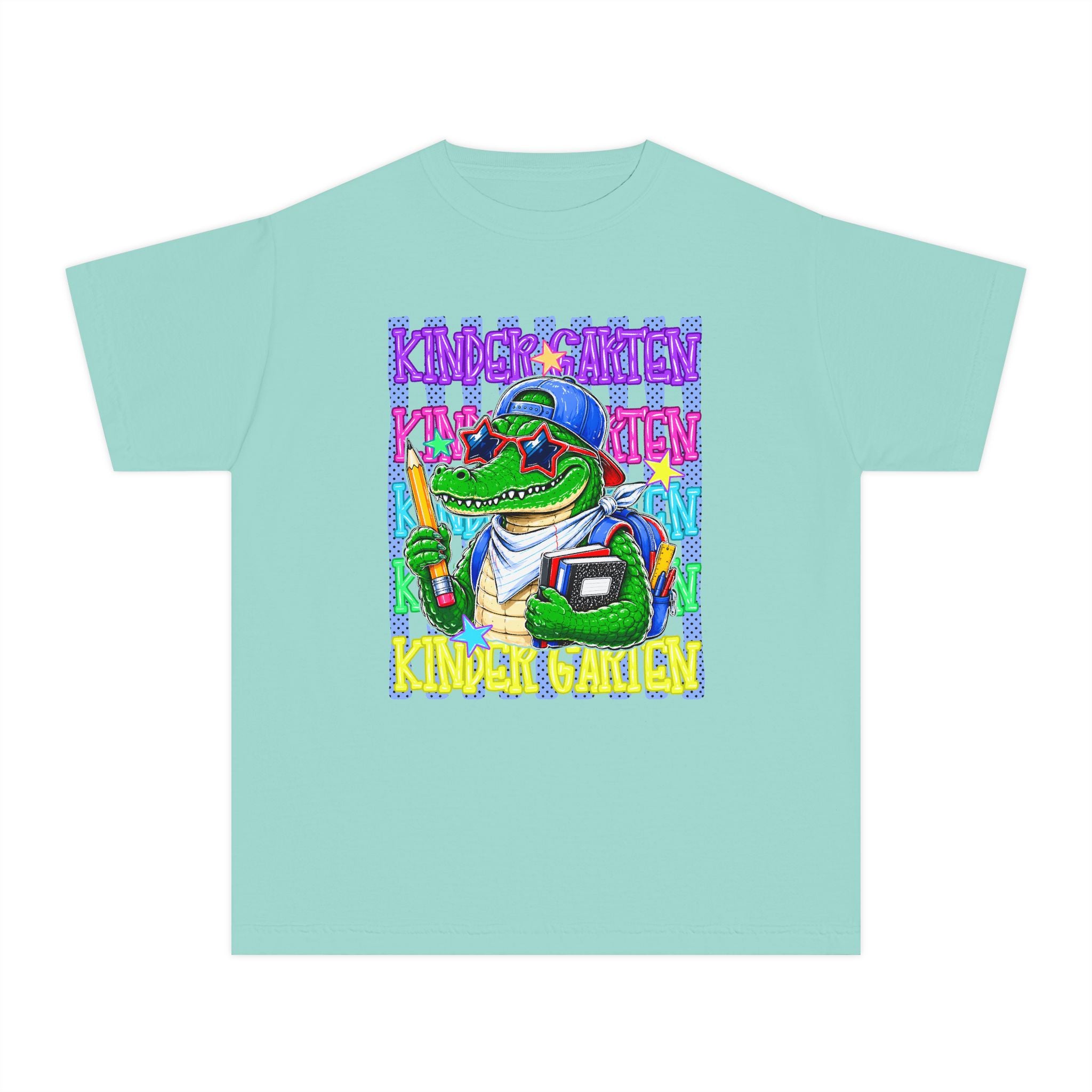 Kids Gator Teacher Tee — "Kindergarten" Colorful Alligator School Shirt
