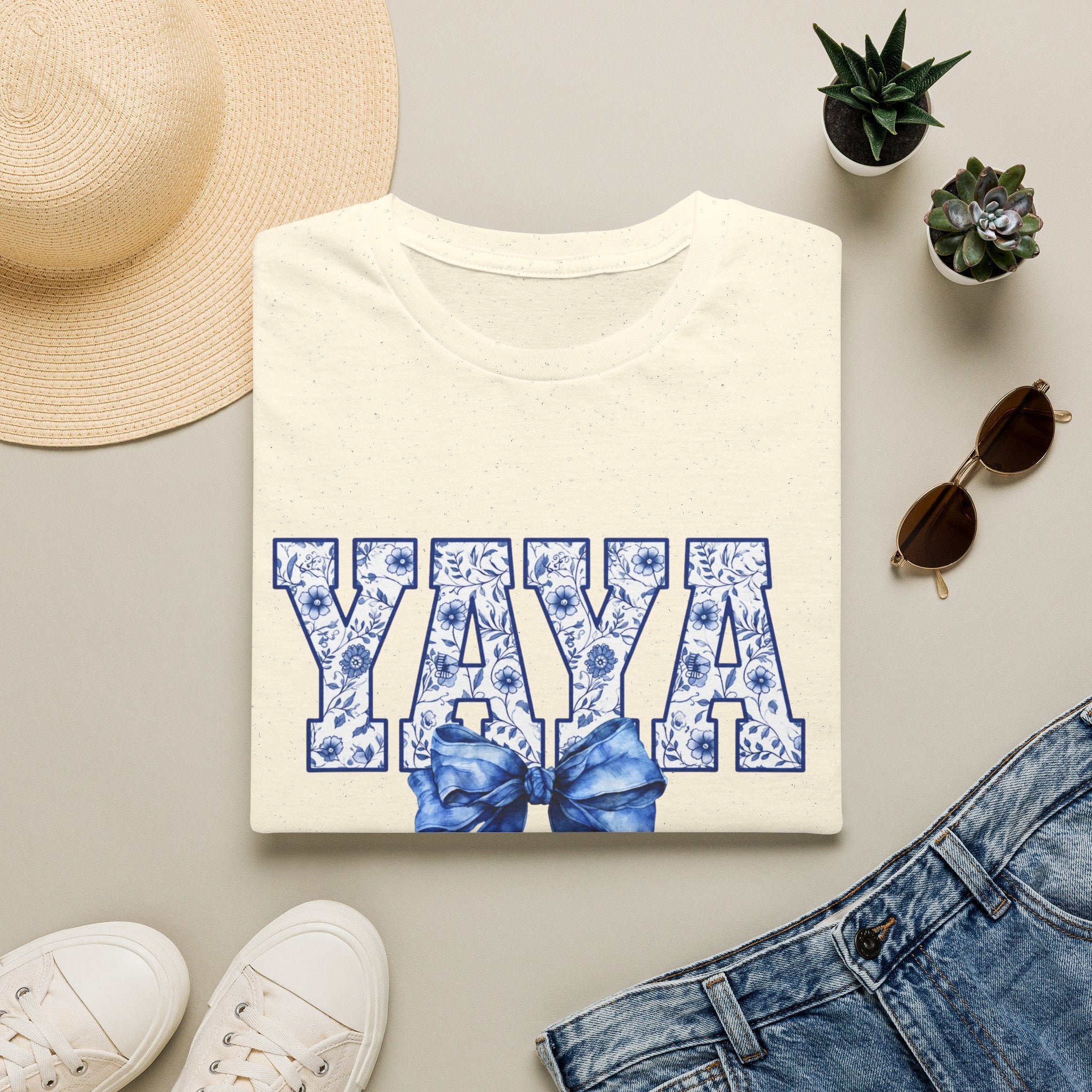 Yaya Floral Block Tee — 'YAYA' Blue Floral Design with Bow