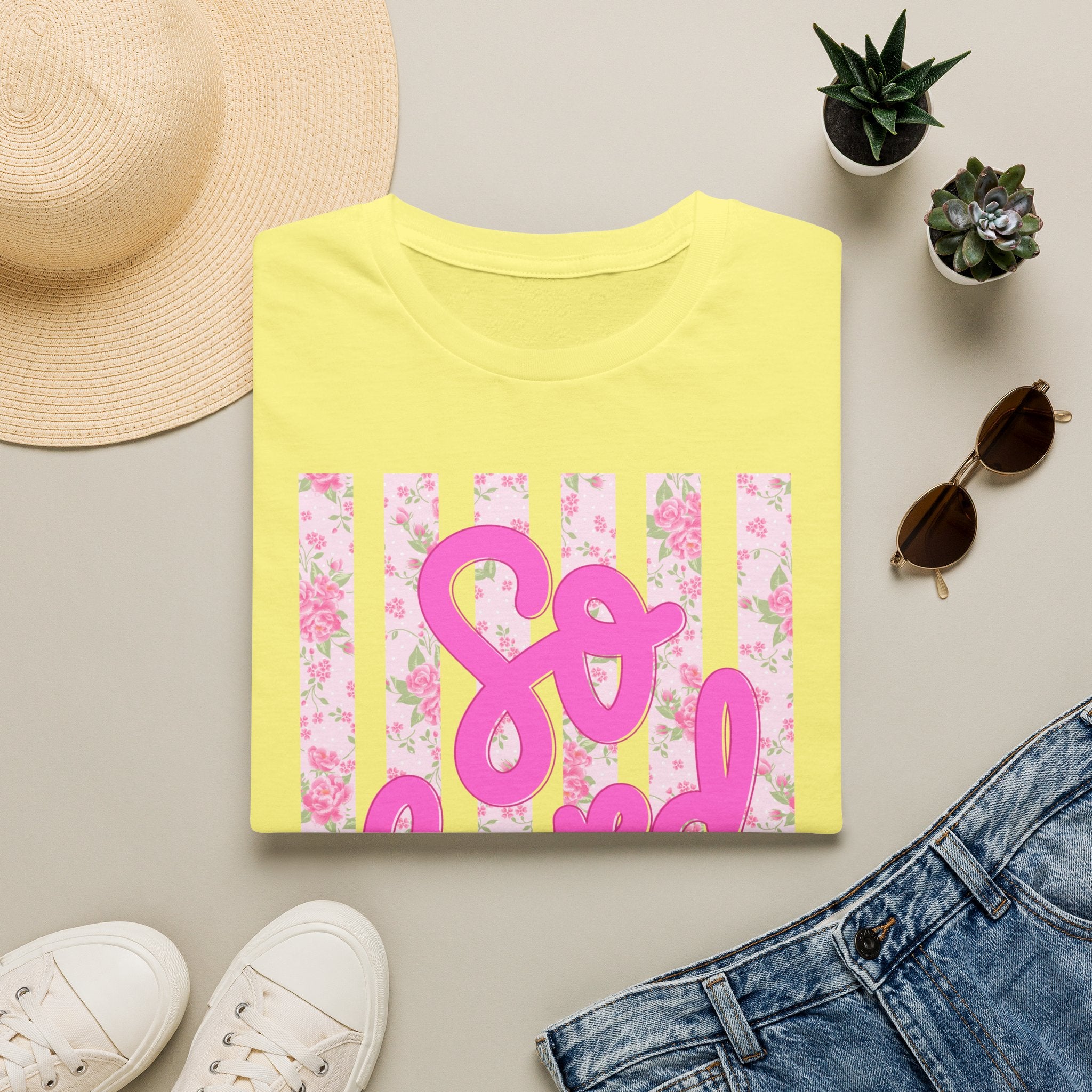 "So Loved" Pink Script Floral Stripe Graphic Tee