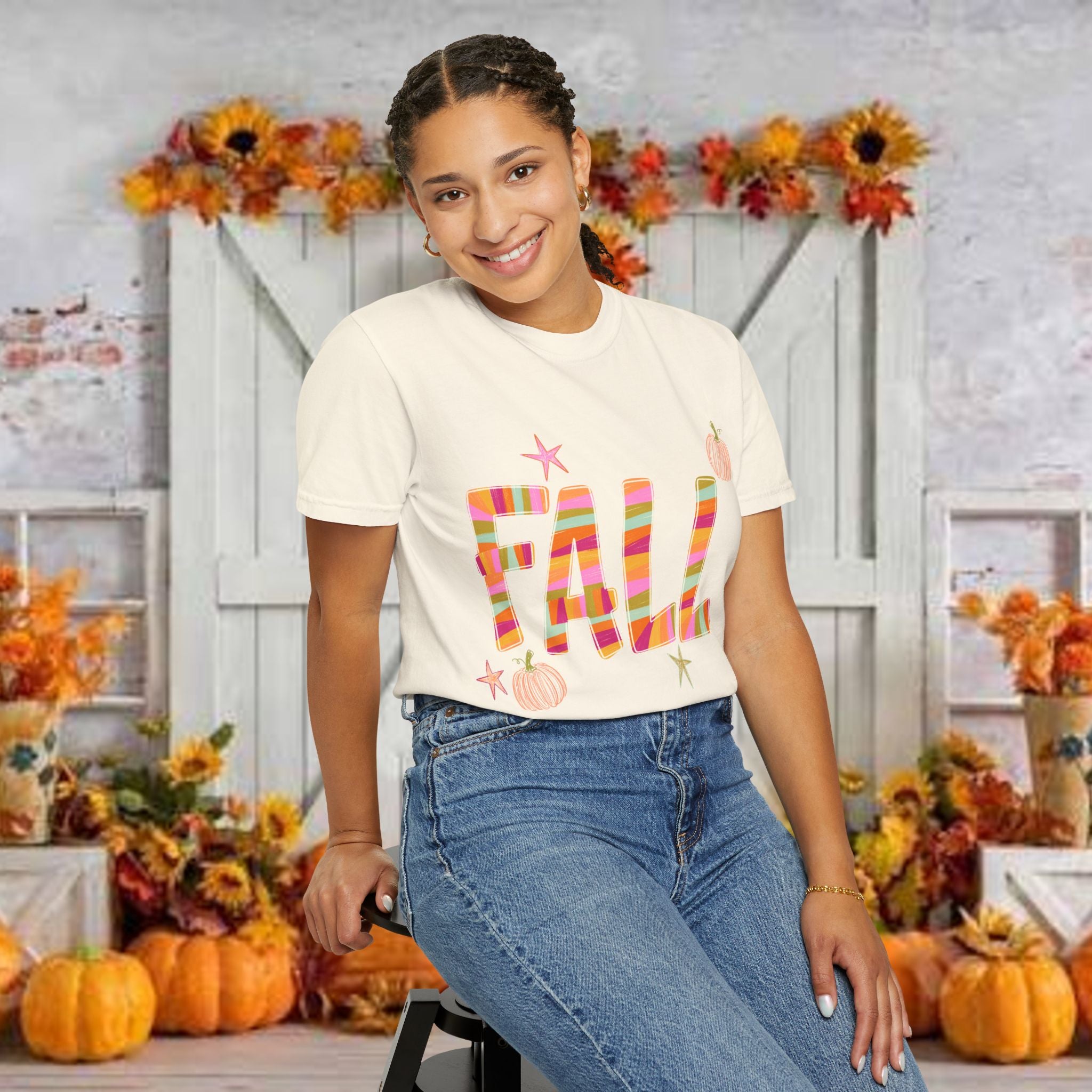 Fall Graphic T-Shirt — Colorful Pumpkin Plaid Autumn Tee