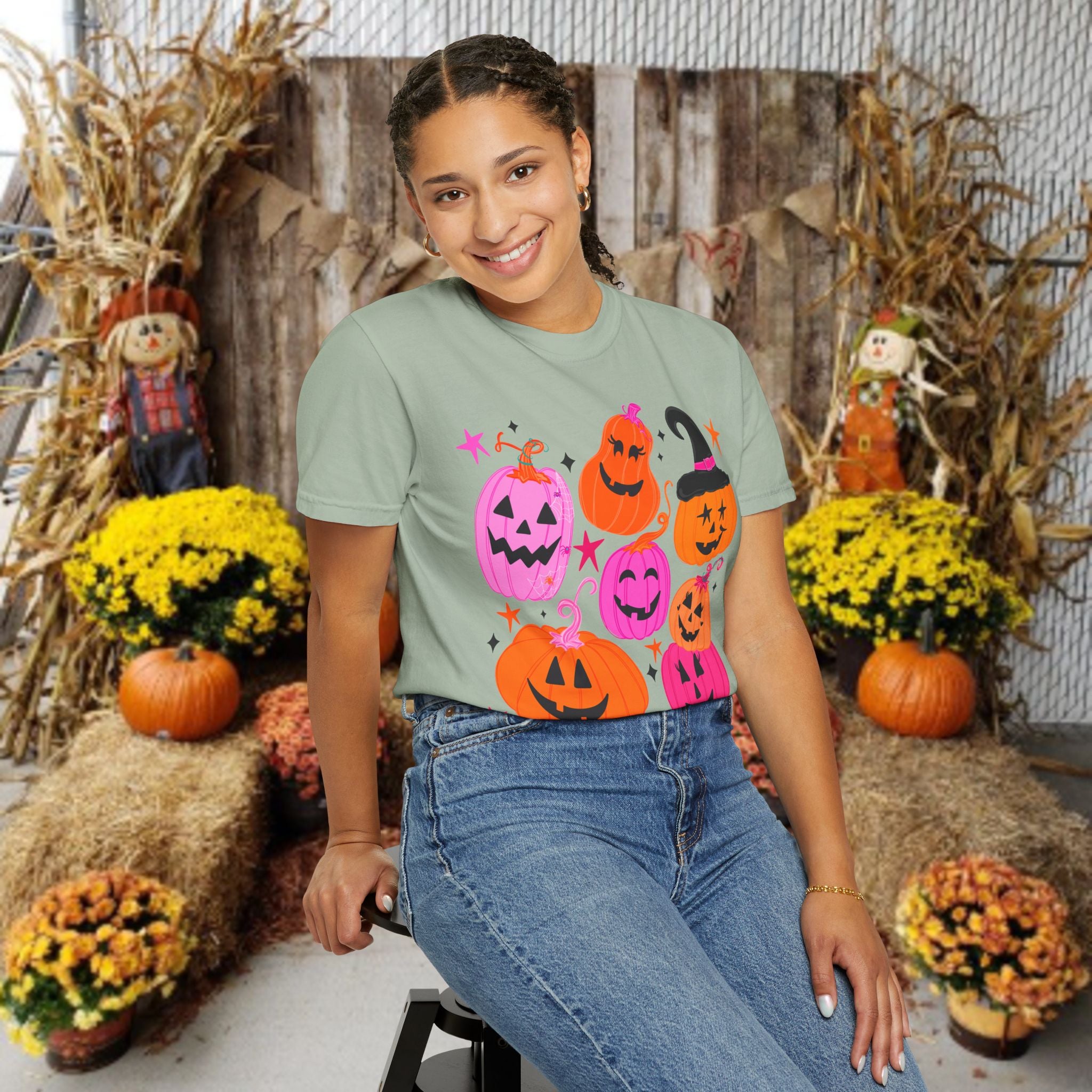 Halloween Pumpkins T-Shirt — Cute Pink & Orange Jack-O'-Lanterns