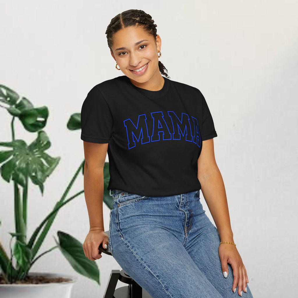 Mama Blue Graphic T-Shirt — Retro Collegiate Mom Tee