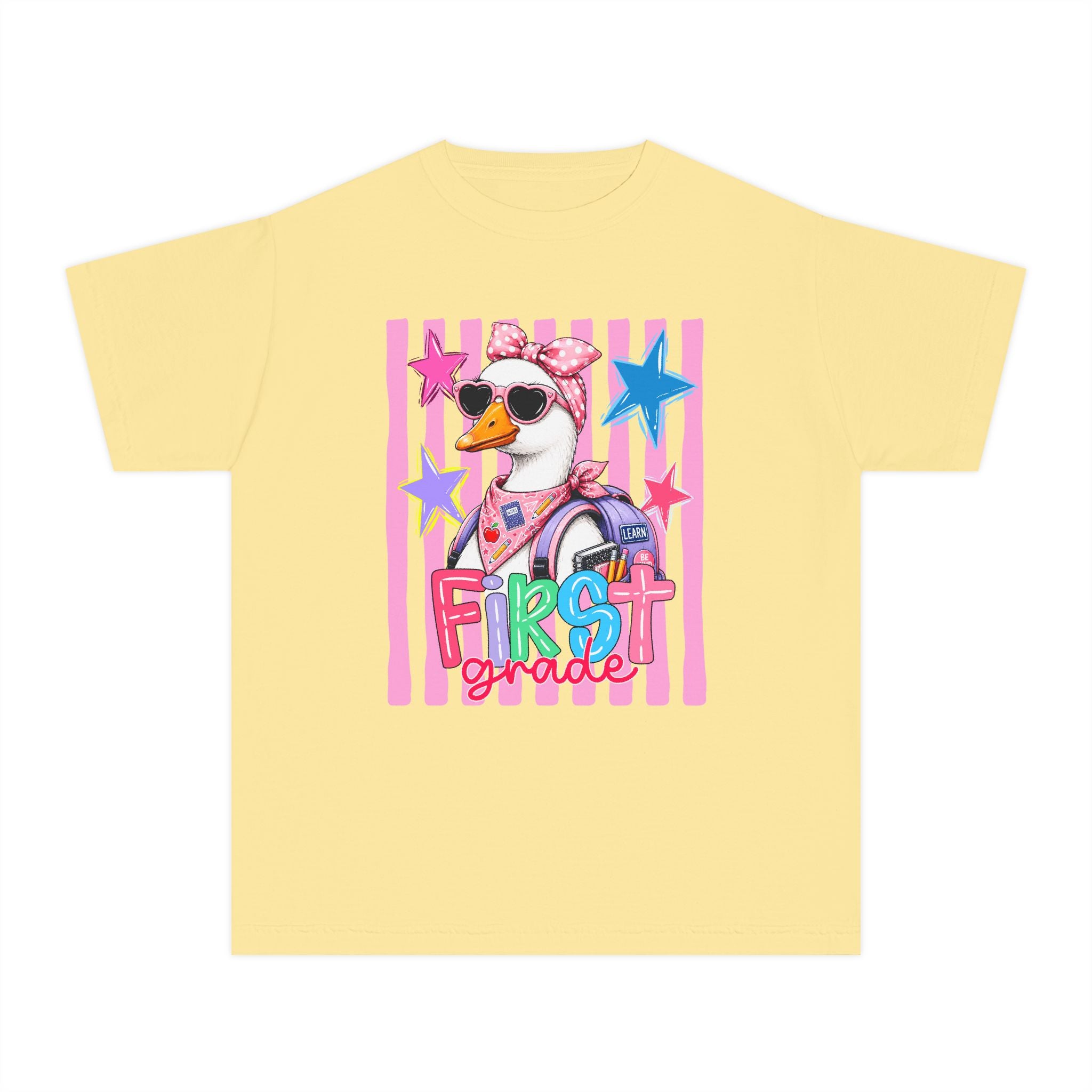 First Grade Girl Duck Graphic Youth Tee — Cute Back-to-School Shirt for Kids