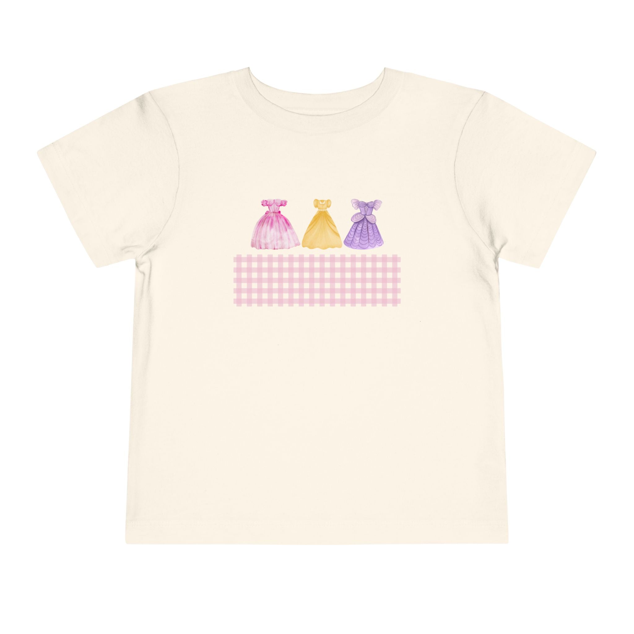 Toddler Tee — Pastel Princess Dresses Graphic (Pink Gingham)