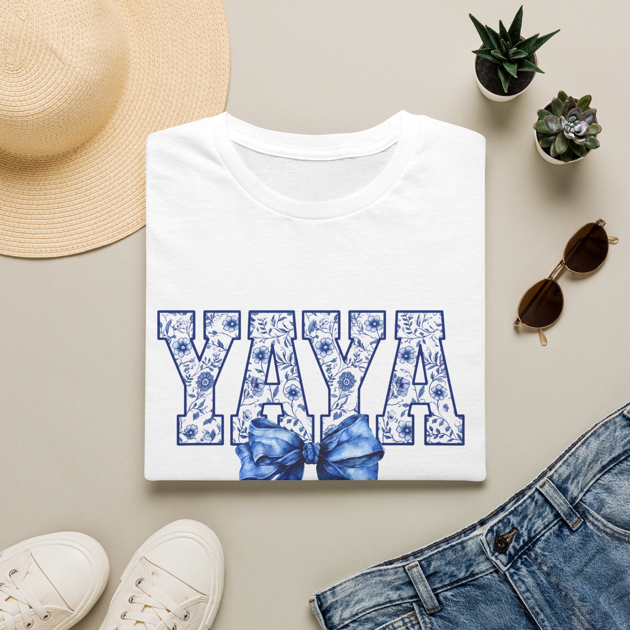 Yaya Floral Block Tee — 'YAYA' Blue Floral Design with Bow