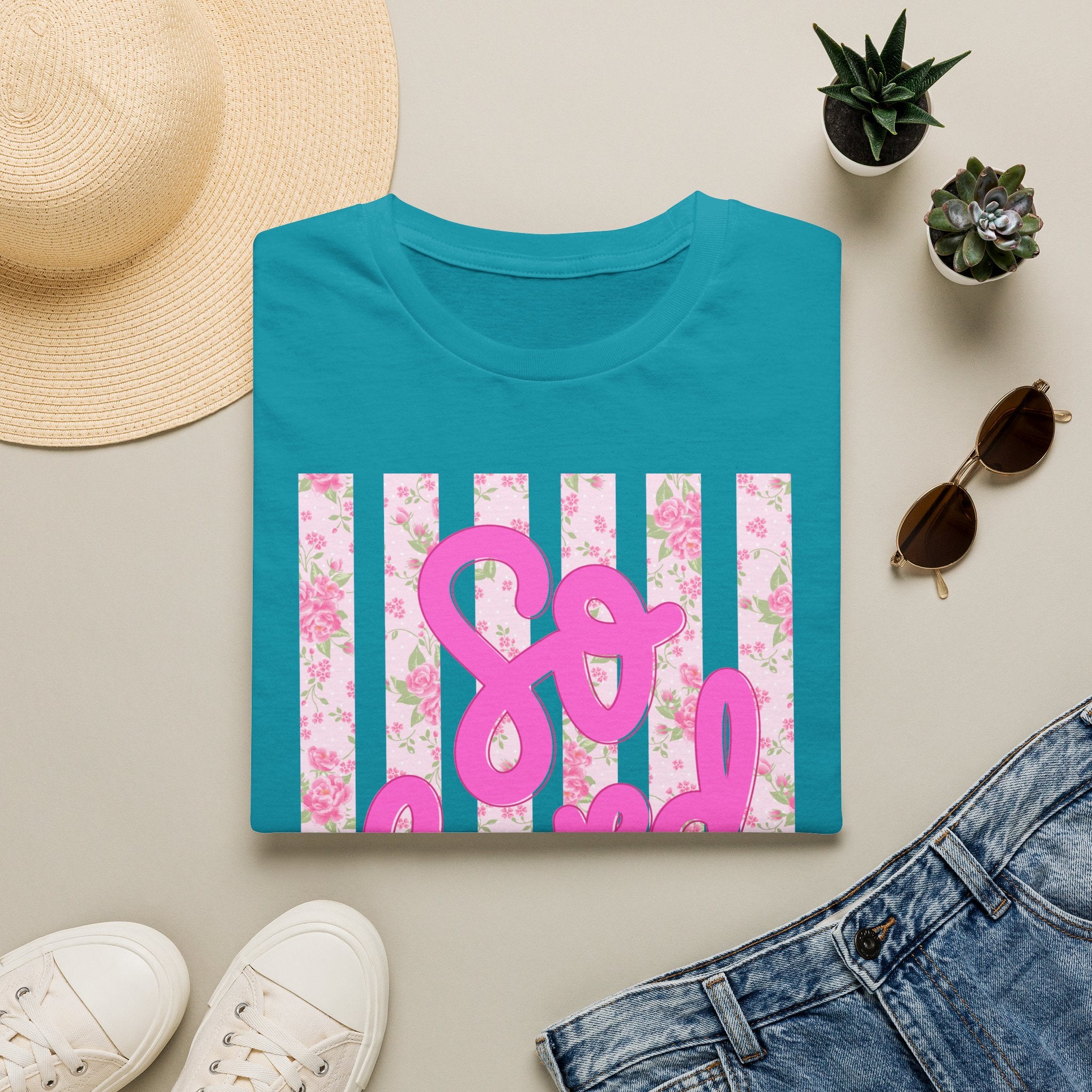 "So Loved" Pink Script Floral Stripe Graphic Tee