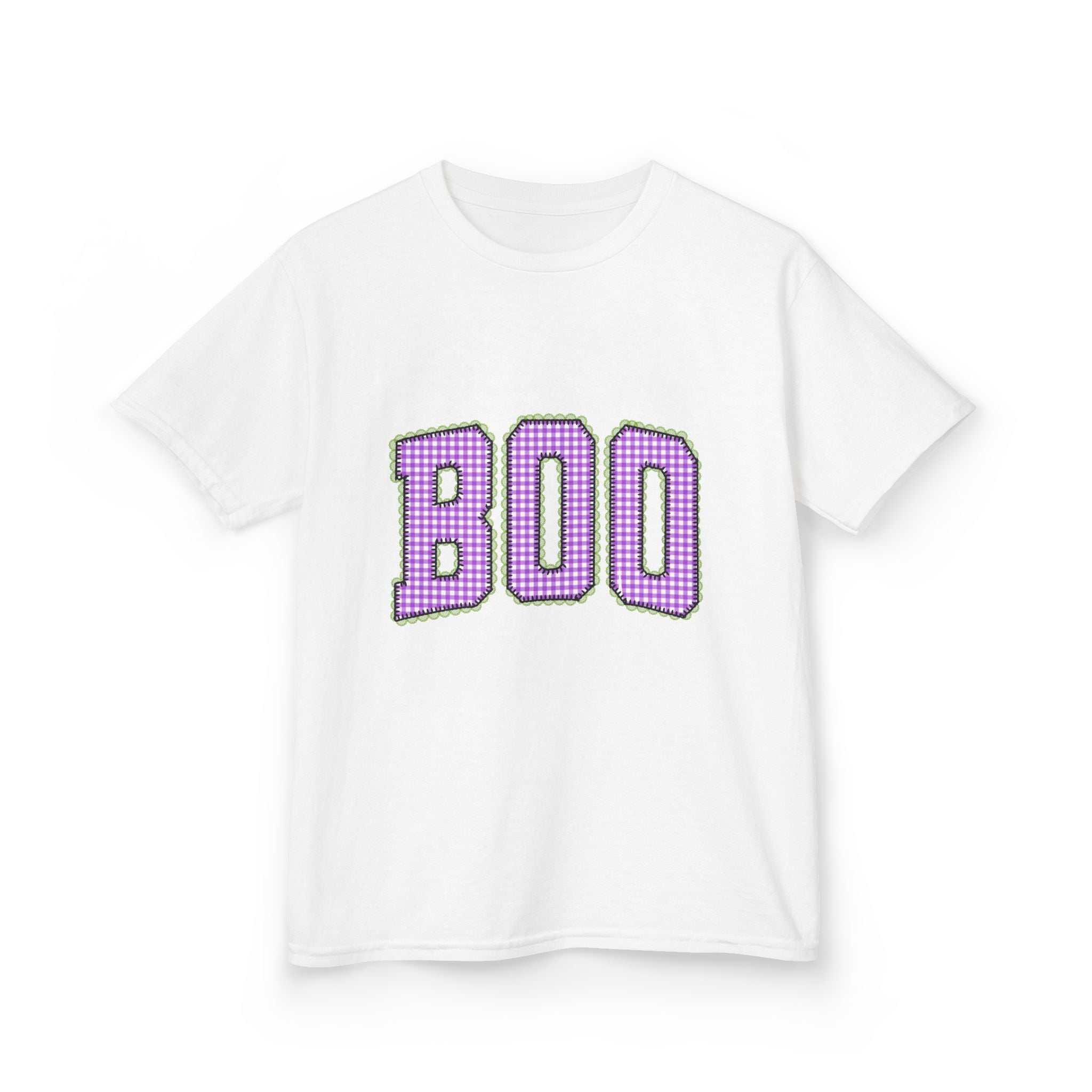 Kids Tee — 'BOO' Purple Ginghma Halloween Shirt
