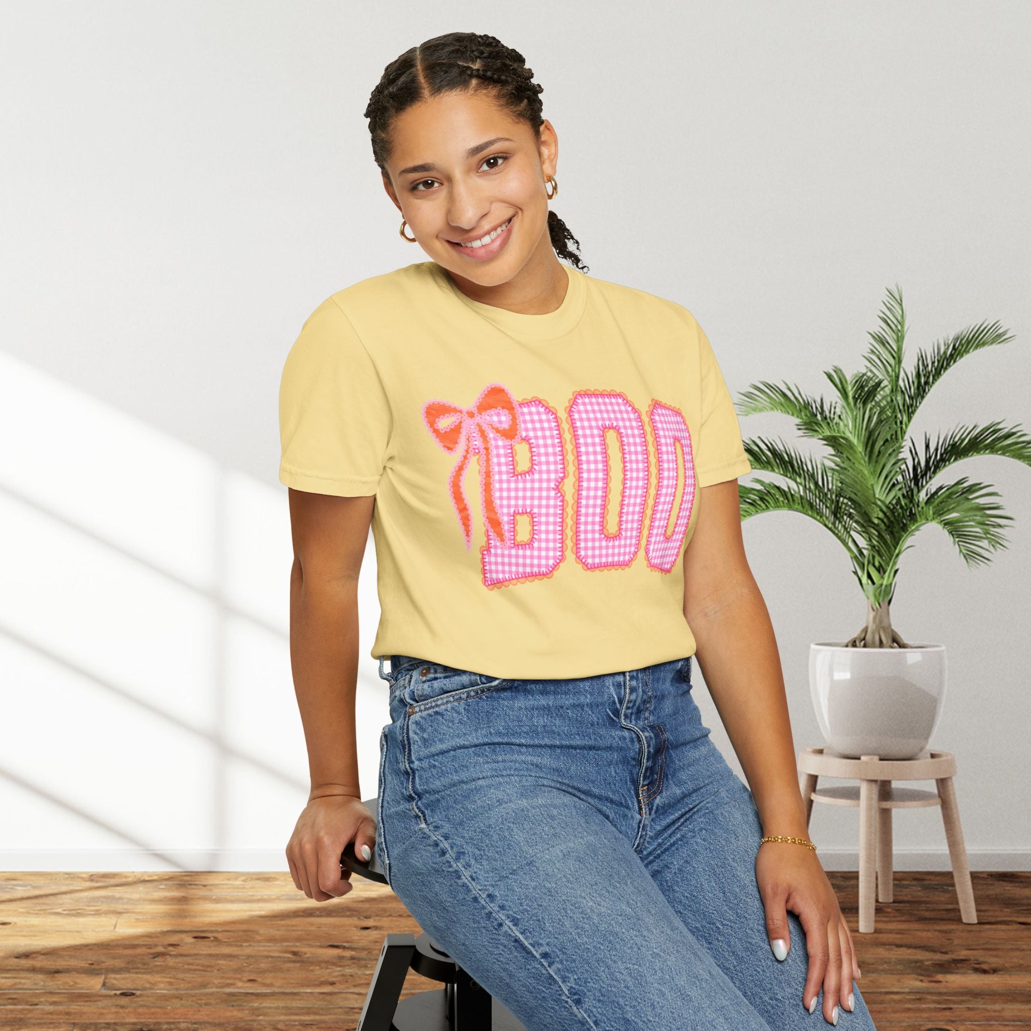 Boo Pink Gingham Graphic T-Shirt with bow