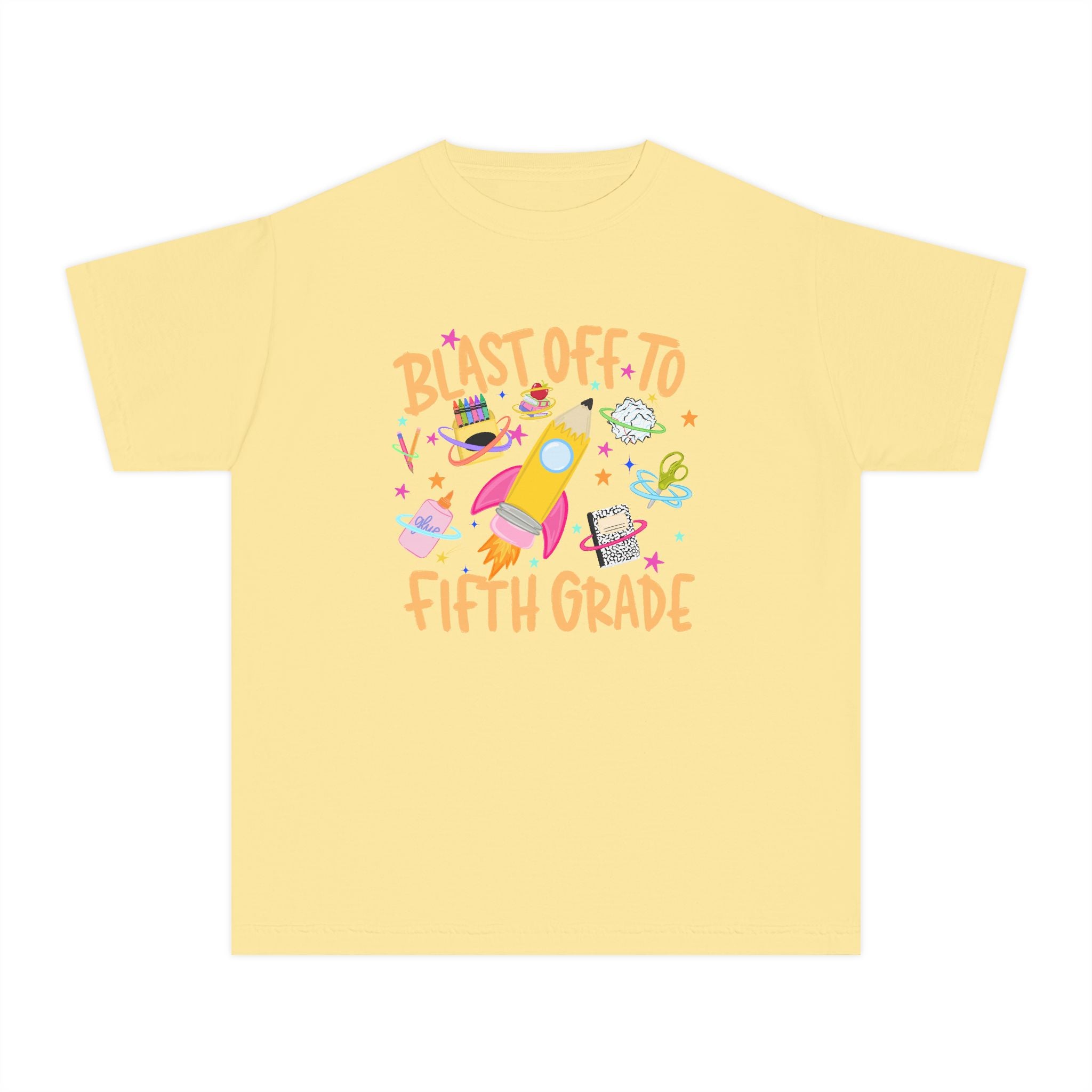 Blast Off to Fifth Grade Youth T‑Shirt — Back to School Rocket Tee