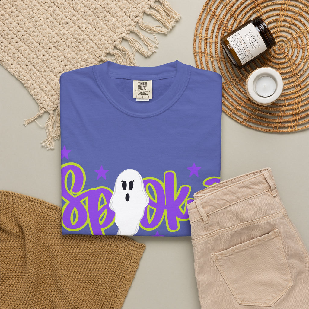 Spooky Ghost Halloween T-Shirt — Orange Graphic Tee with Cute Ghost & Stars