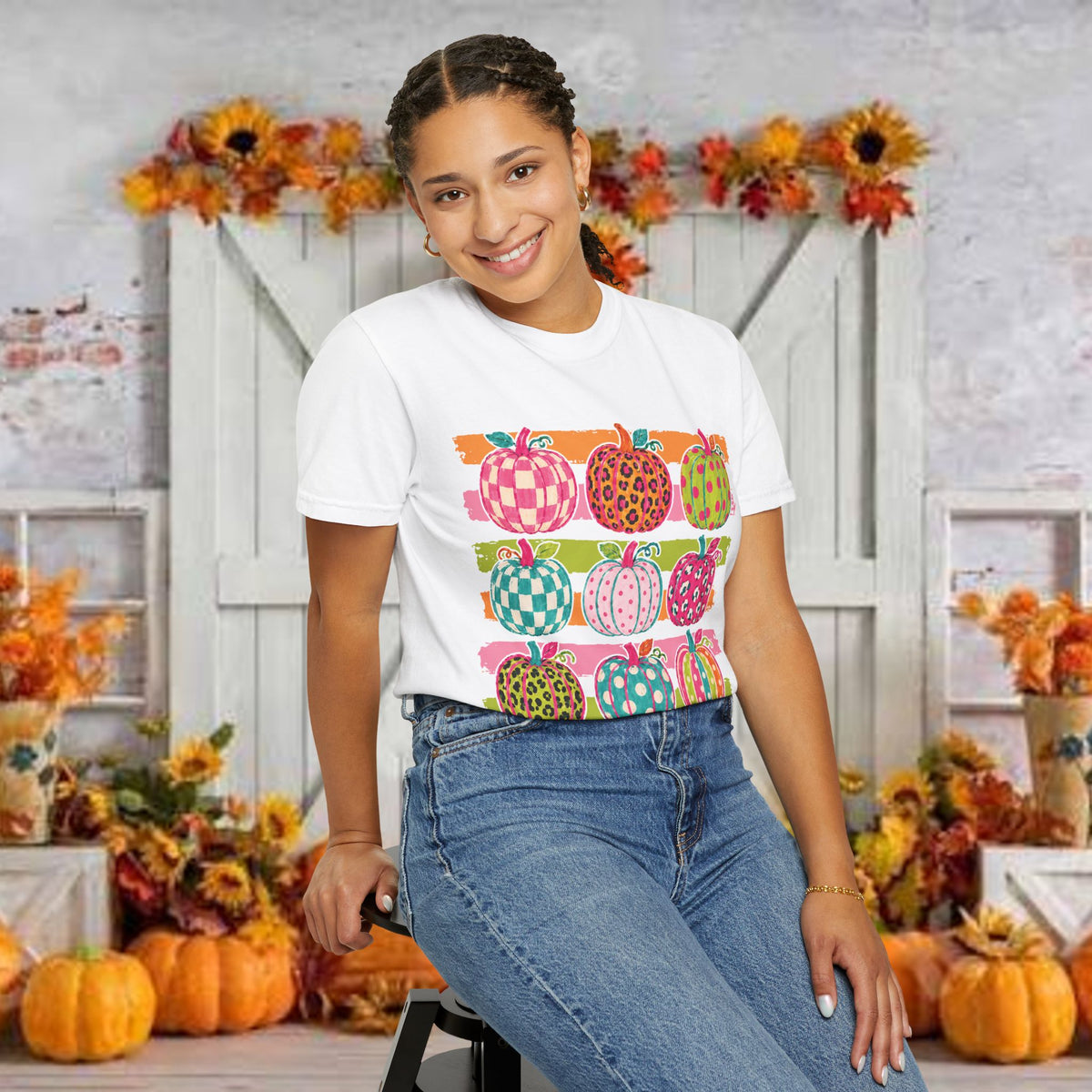 Striped Preppy Neon Fall Pumpkin Bow