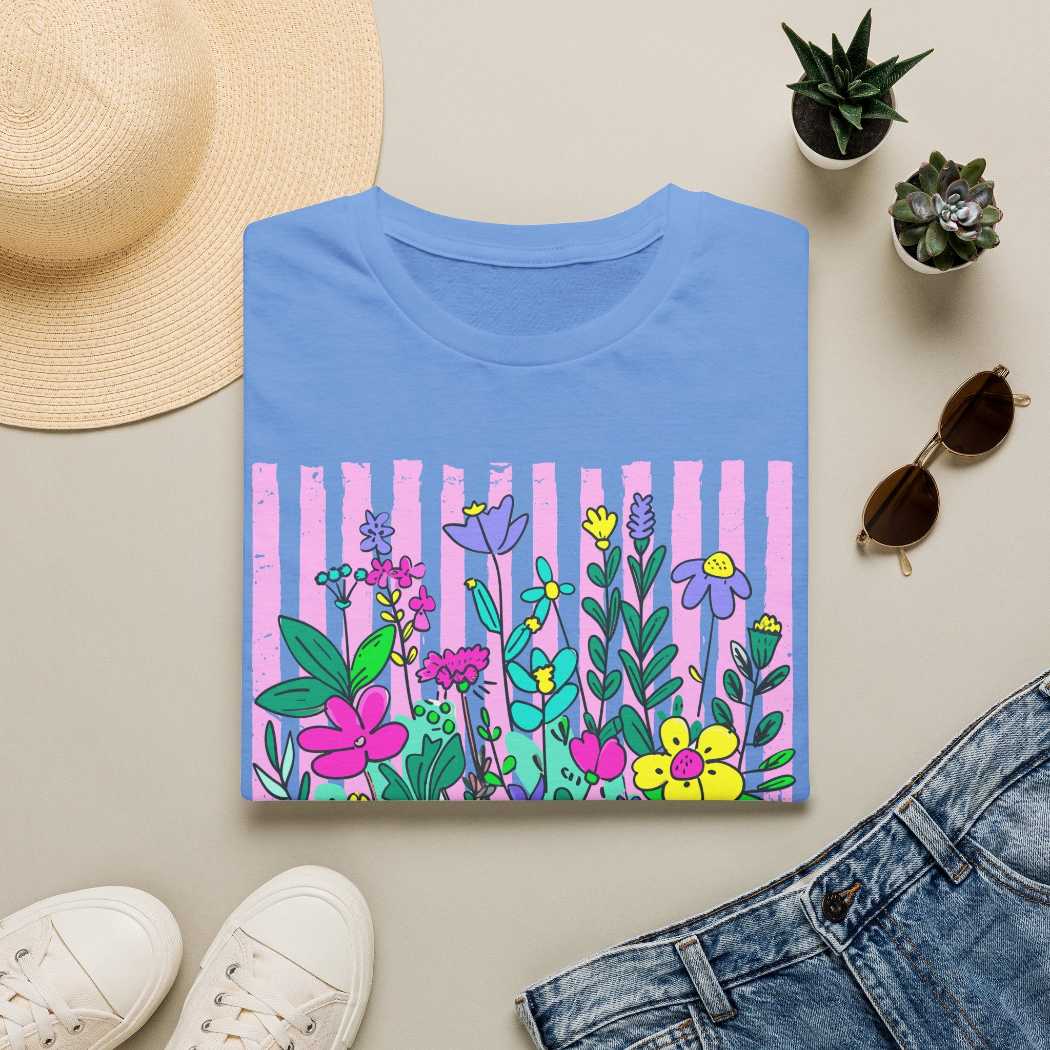 Granny Floral Graphic T-Shirt — Colorful Striped Bouquet Tee