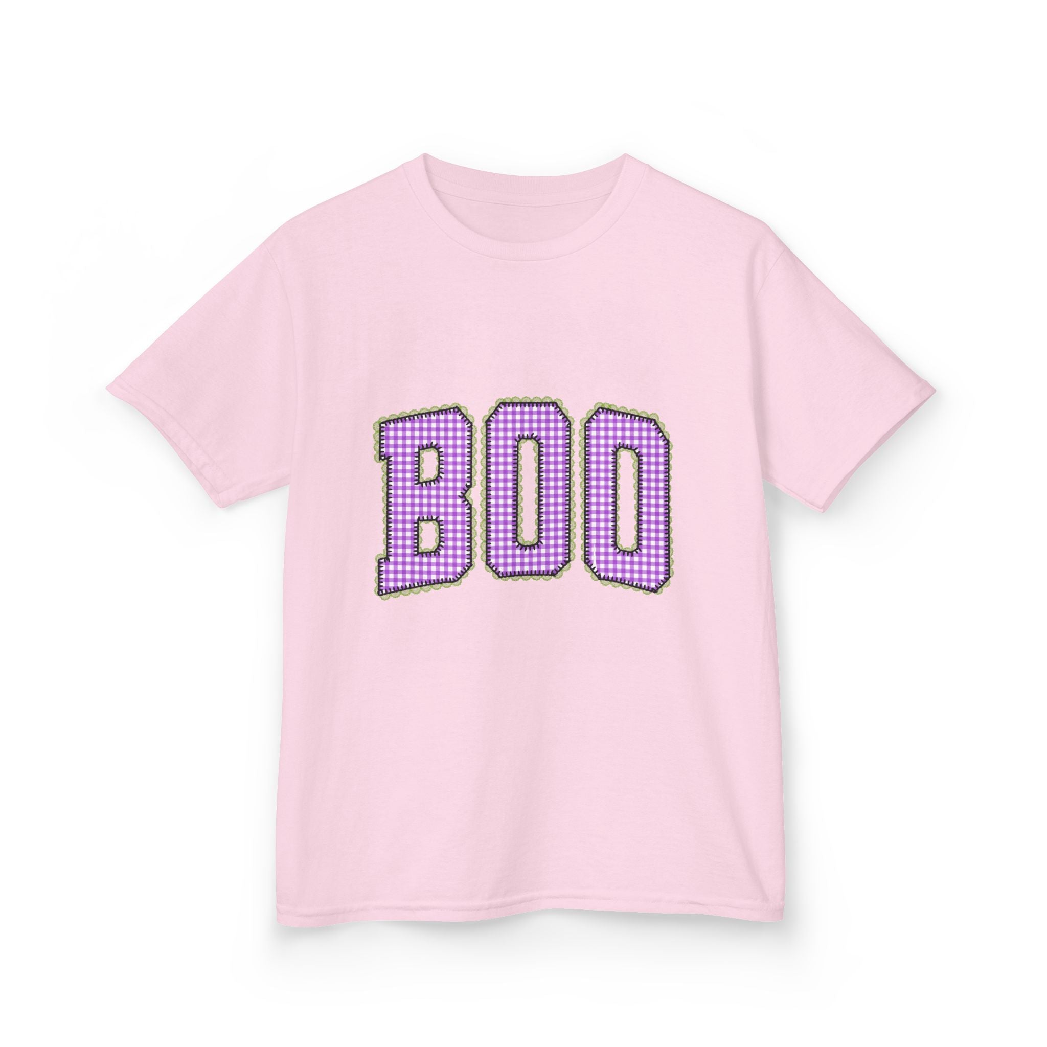 Kids Tee — 'BOO' Purple Ginghma Halloween Shirt