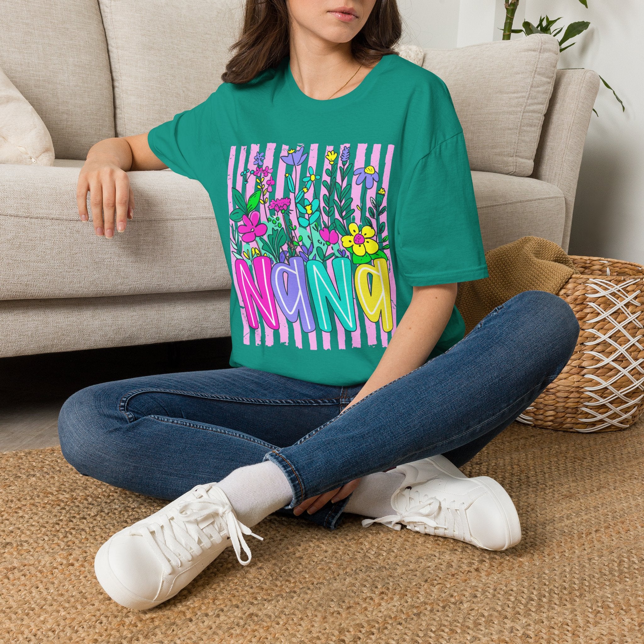 Floral Stripe "NANA" T-Shirt — Bright Garden Grandma Gift